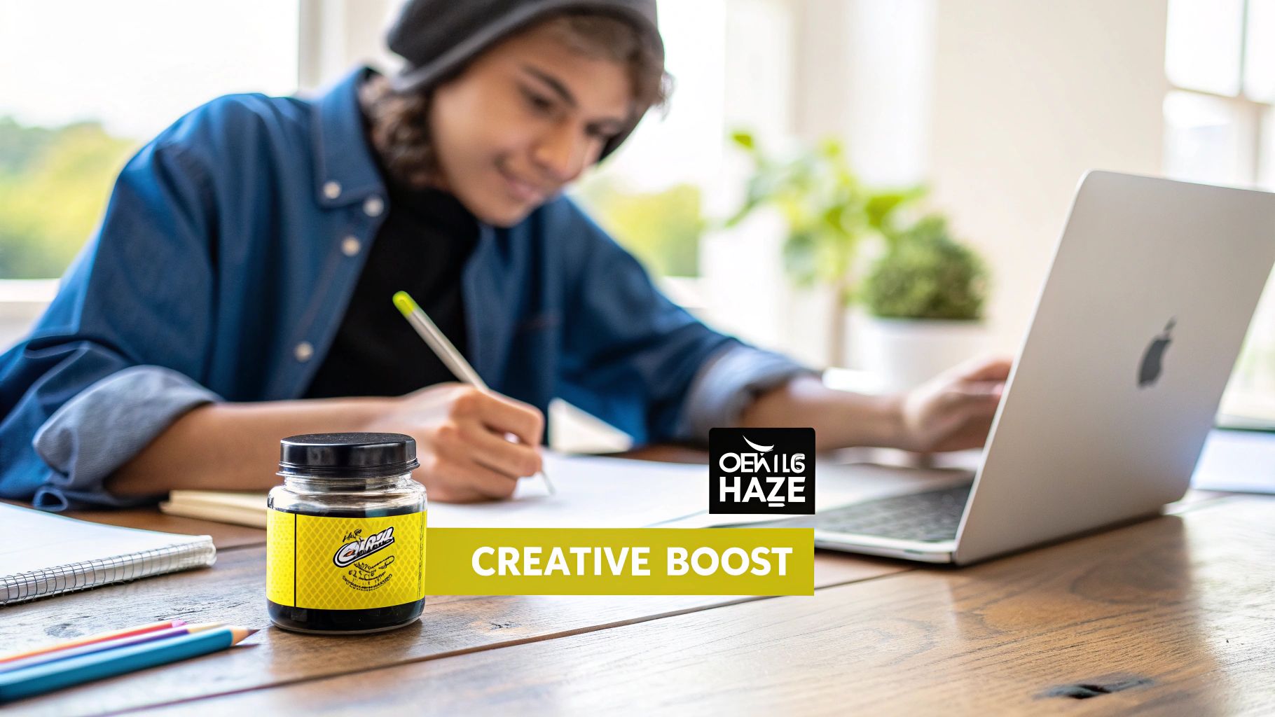 A young person writing at a desk with a laptop, next to a 'Devils Haze Creative Boost' product jar.