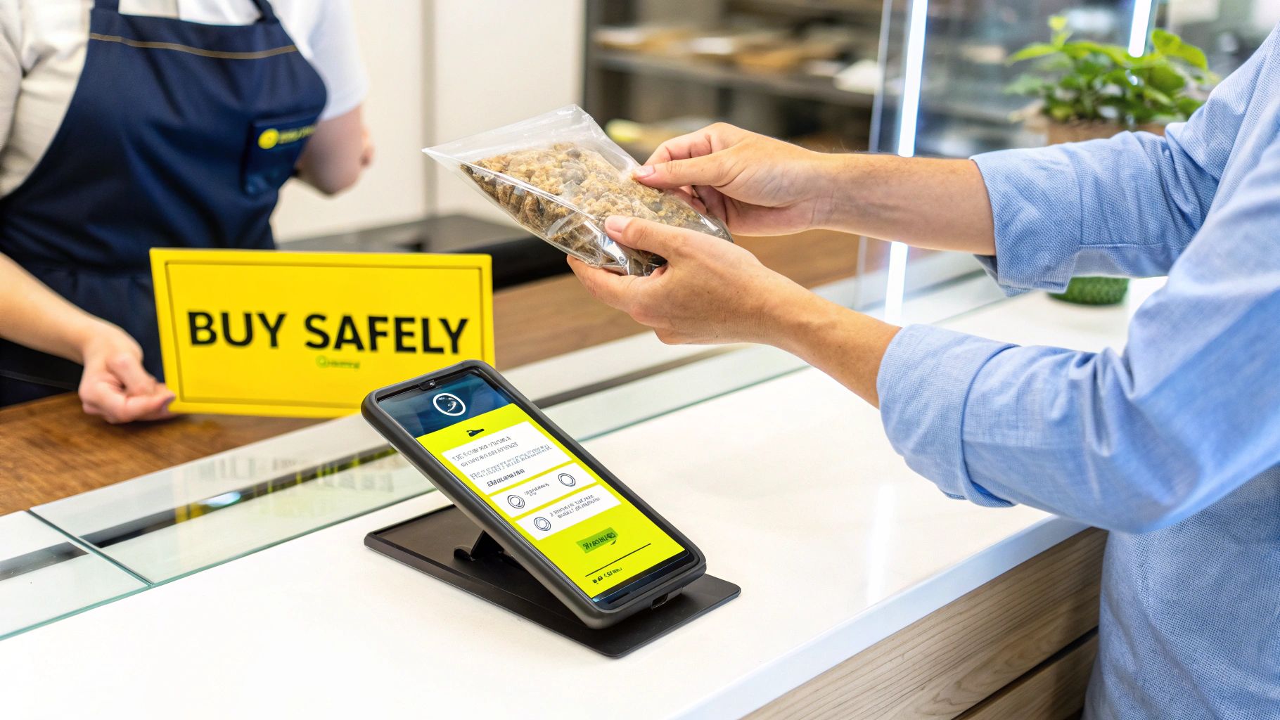 Customer holding a bag of cannabis at a dispensary counter with a 'Buy Safely' sign and a smartphone.
