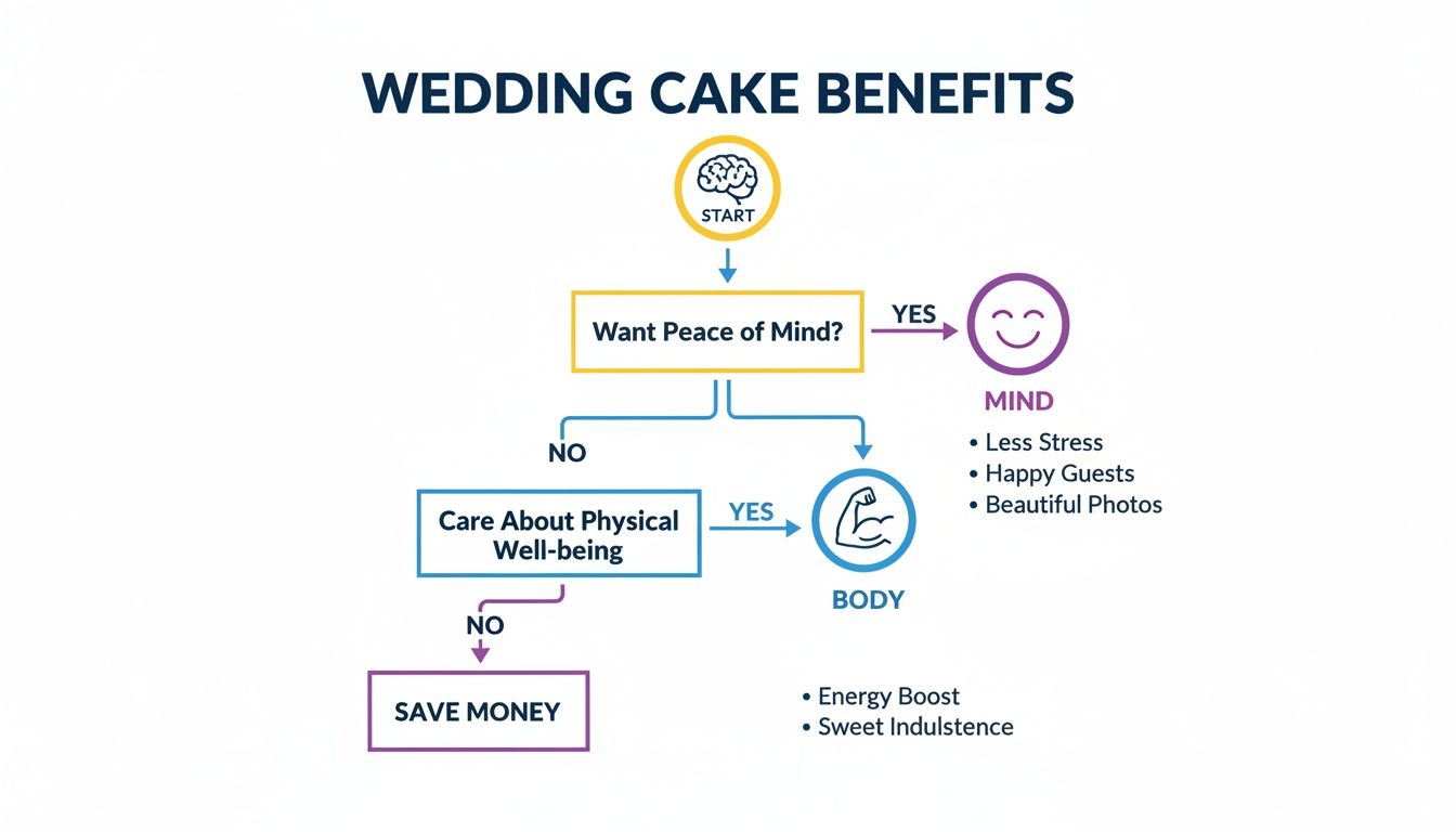 A flowchart titled 'Wedding Cake Benefits' outlining paths to peace of mind, physical well-being, or saving money.