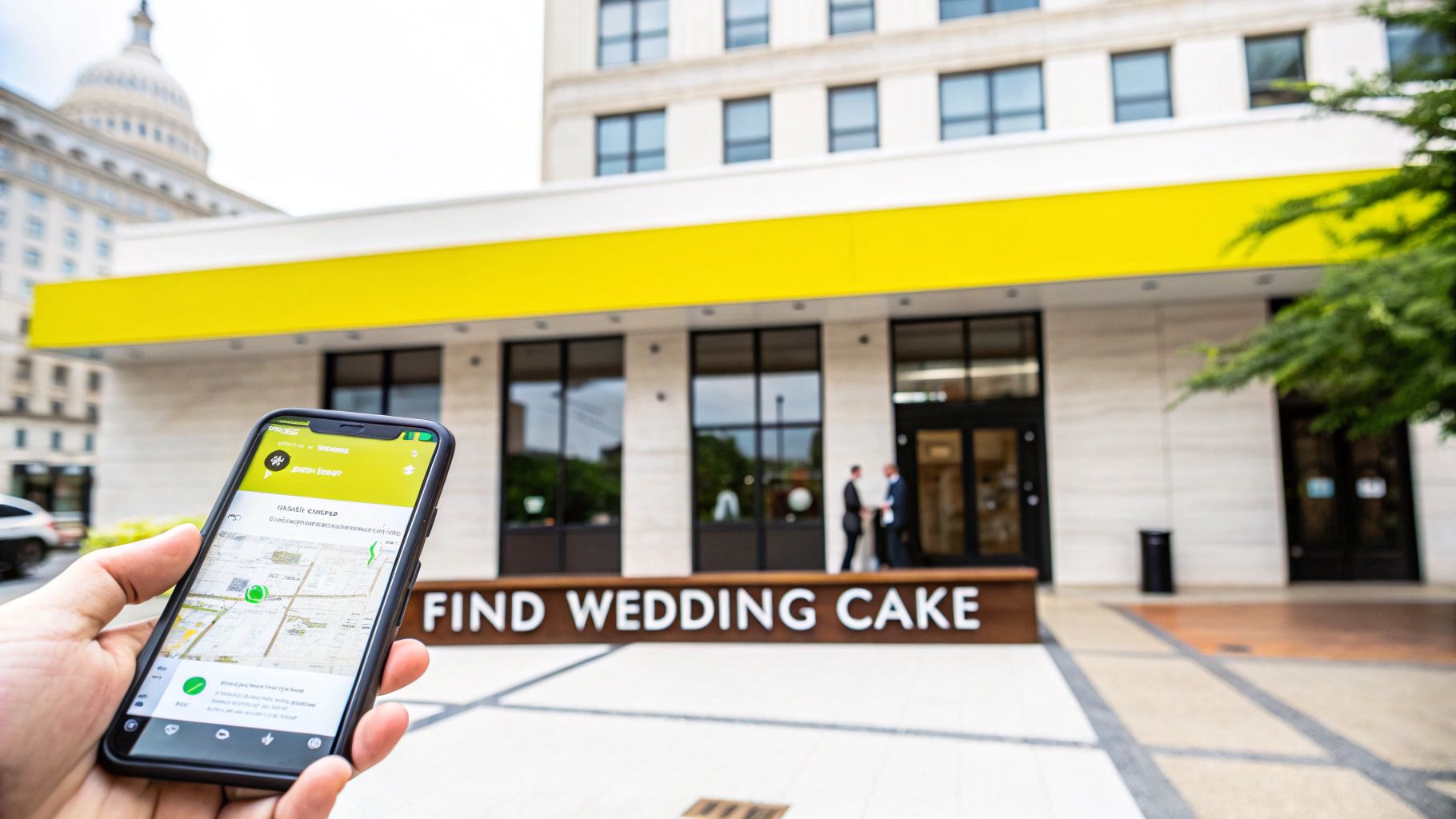 Hand holds a smartphone showing a map, building with 'FIND WEDDING CAKE', and US Capitol.