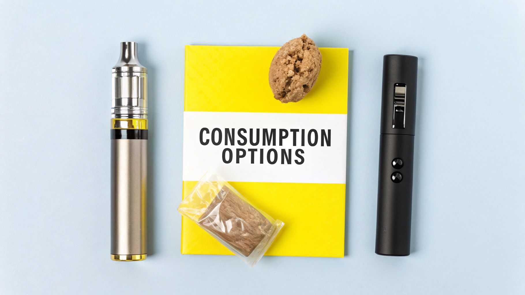 Various consumption options including vape pens, a cannabis edible, and dry herb on a blue background.