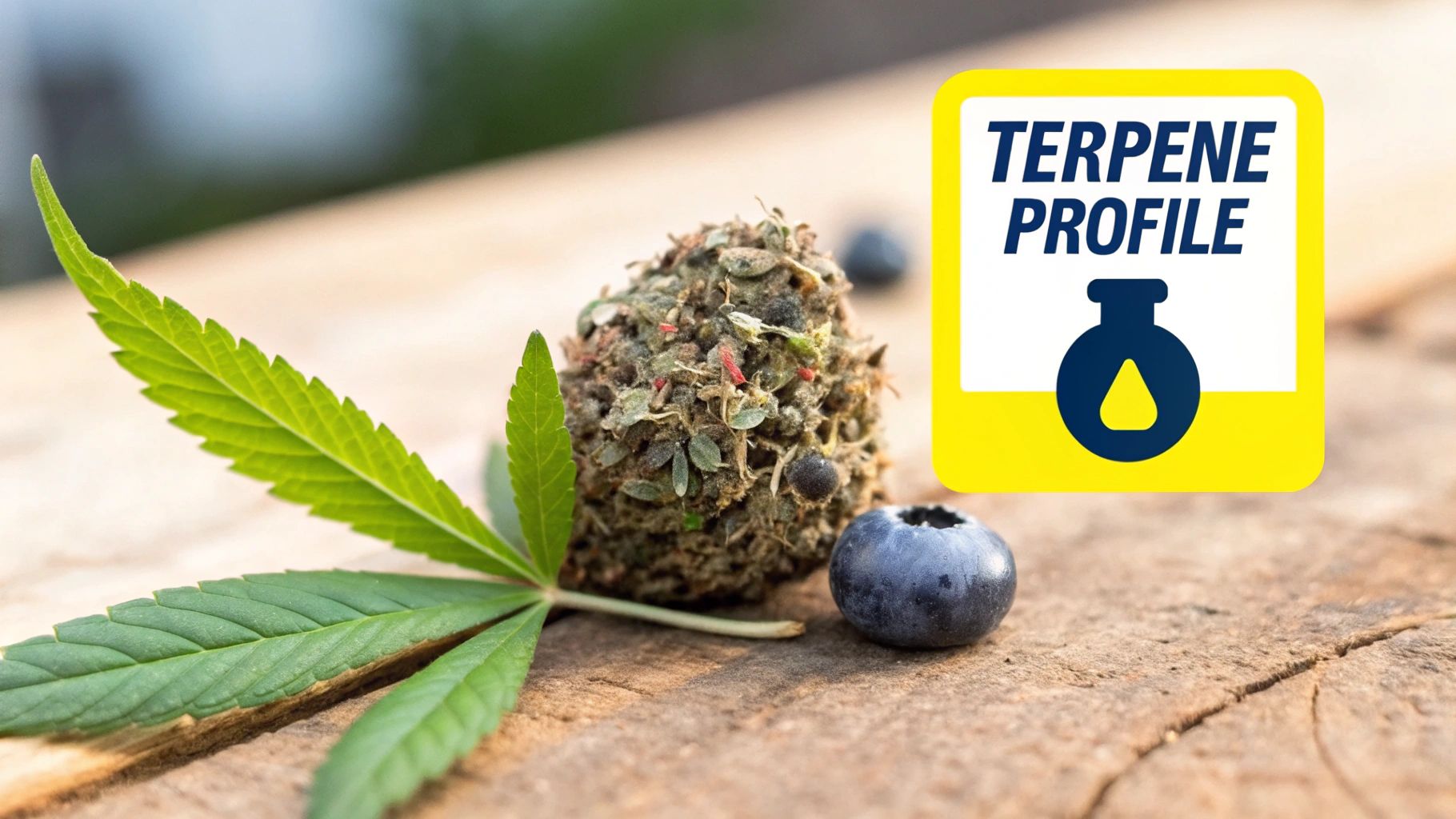 Cannabis flower, leaf, and blueberries with a 'Terpene Profile' sign on a wooden surface.