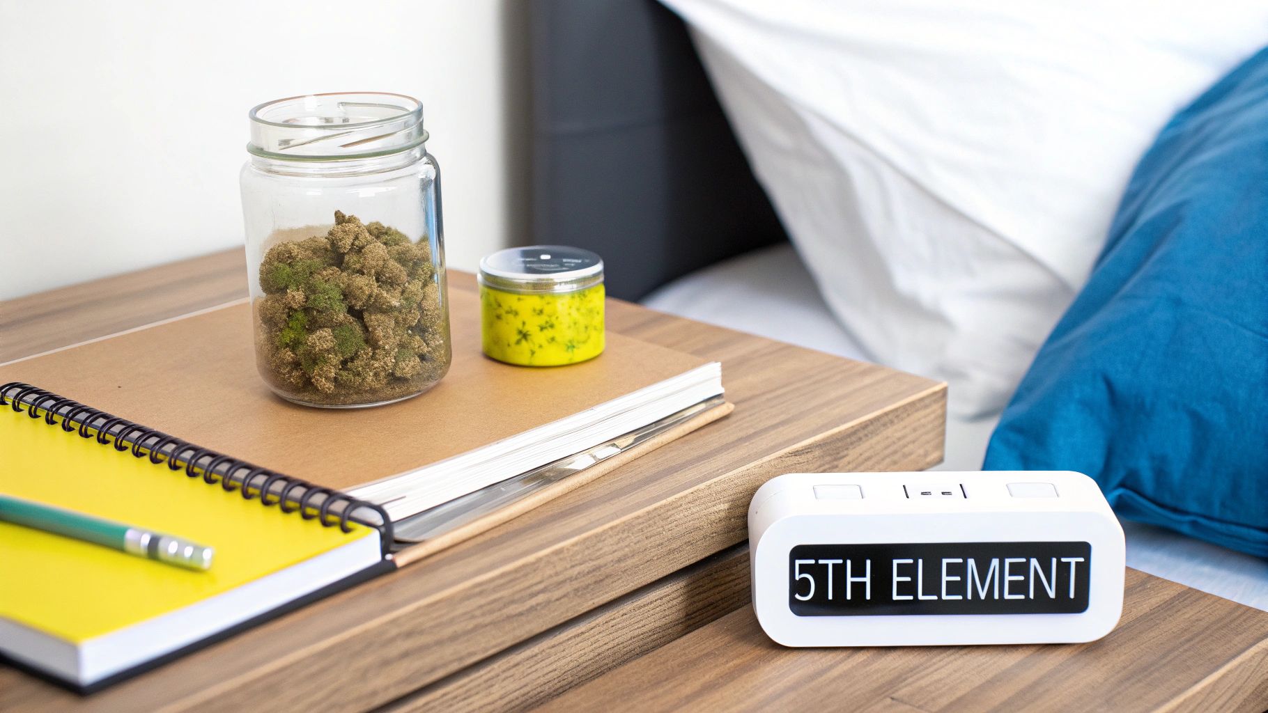 A bedside table with a jar of cannabis buds, notebooks, and an alarm clock displaying '5TH ELEMENT'.