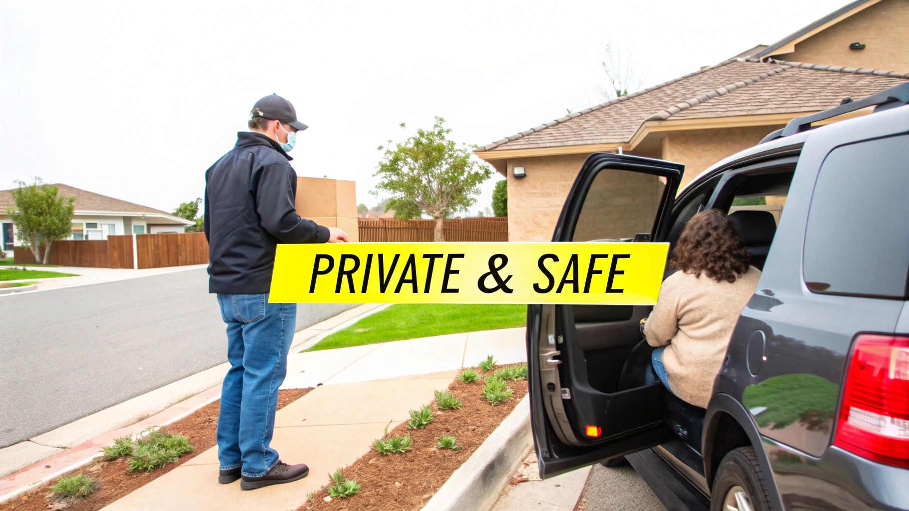 A person with a face mask assists another person getting into a dark SUV, emphasizing private and safe delivery services.