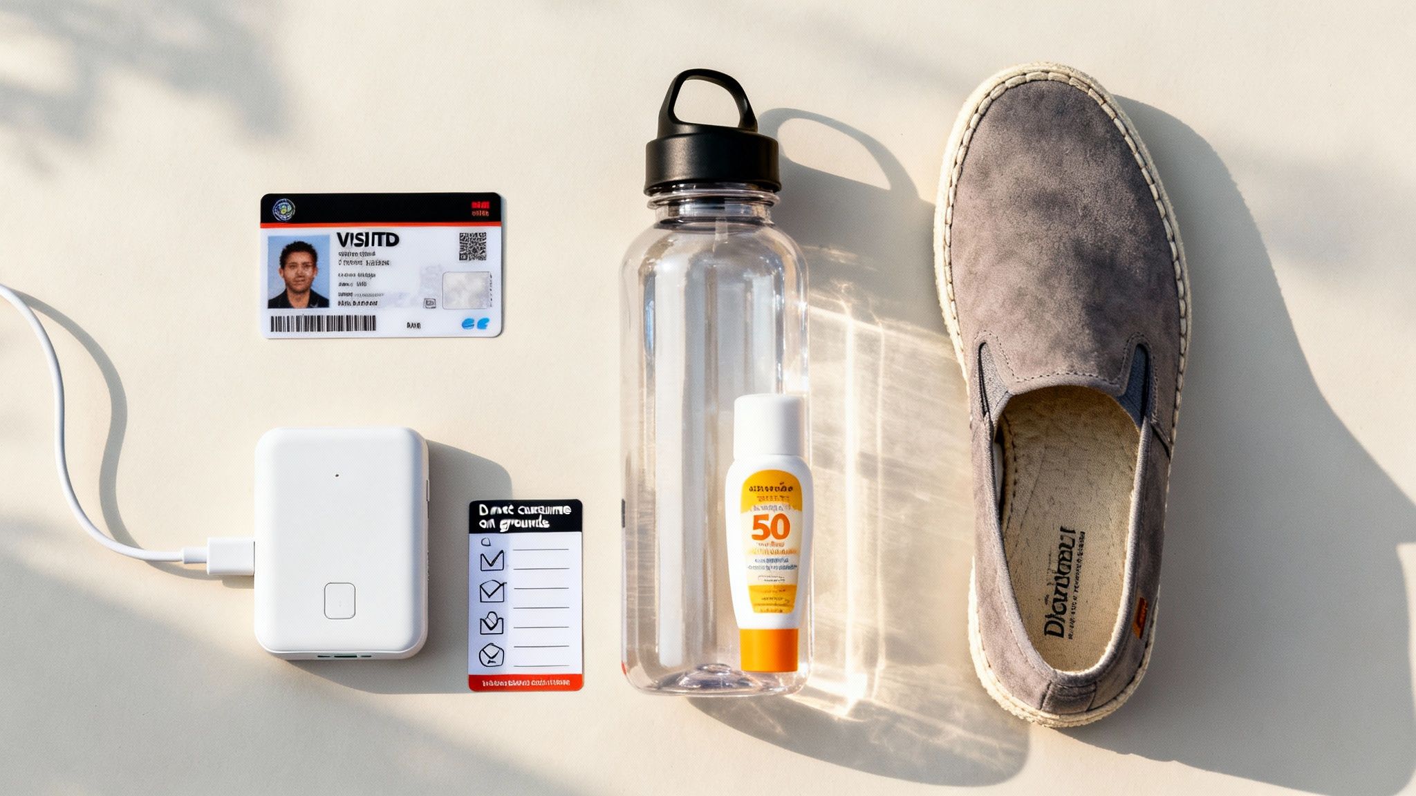 A flat lay of travel essentials including an ID, water bottle, sunscreen, power bank, and slip-on shoes.