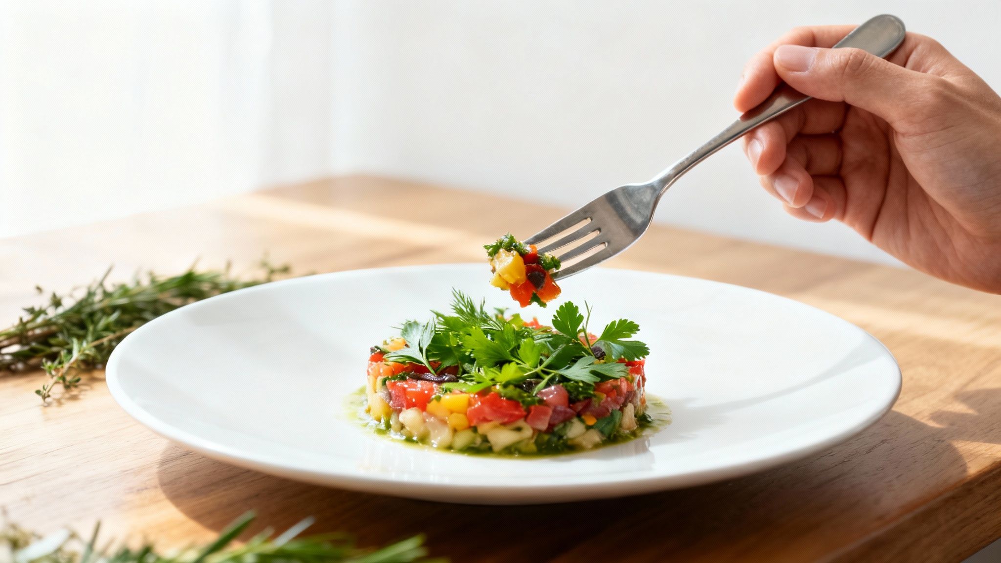 A hand with a fork picks up colorful vegetable tartare from a white plate on a wooden table.