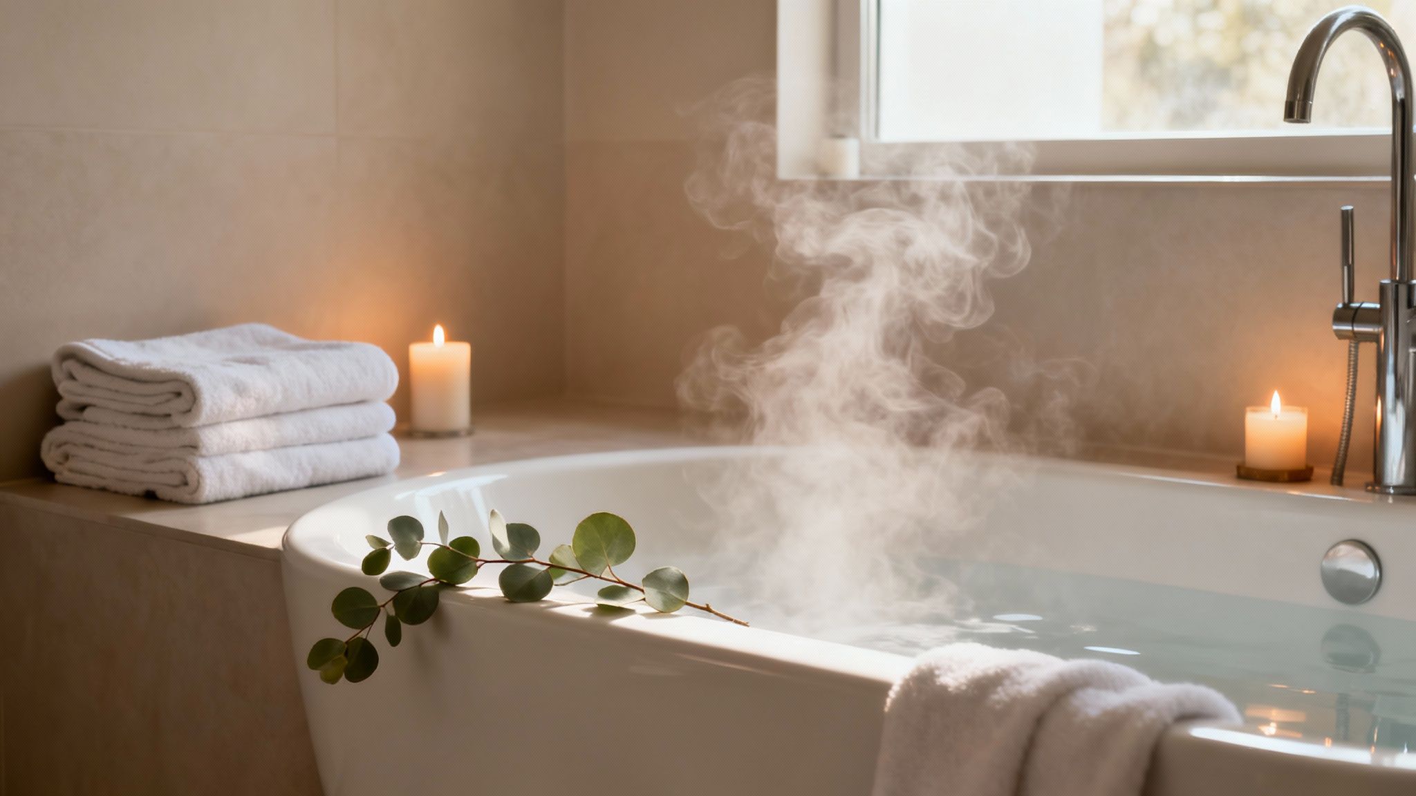 A luxurious steaming bath with candles, fresh eucalyptus, and neatly stacked white towels for relaxation.