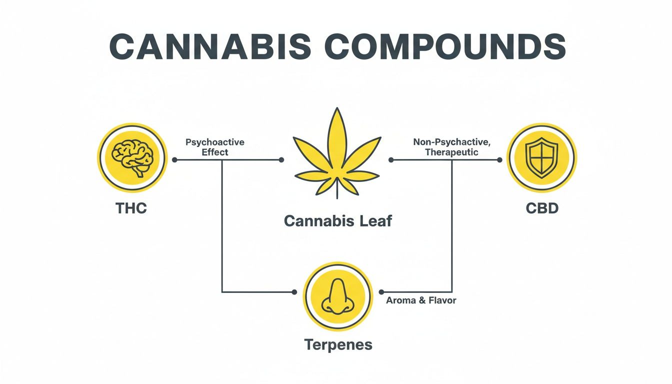 A diagram explaining cannabis compounds: THC for psychoactive effects, CBD for therapeutic benefits, and Terpenes for aroma and flavor.