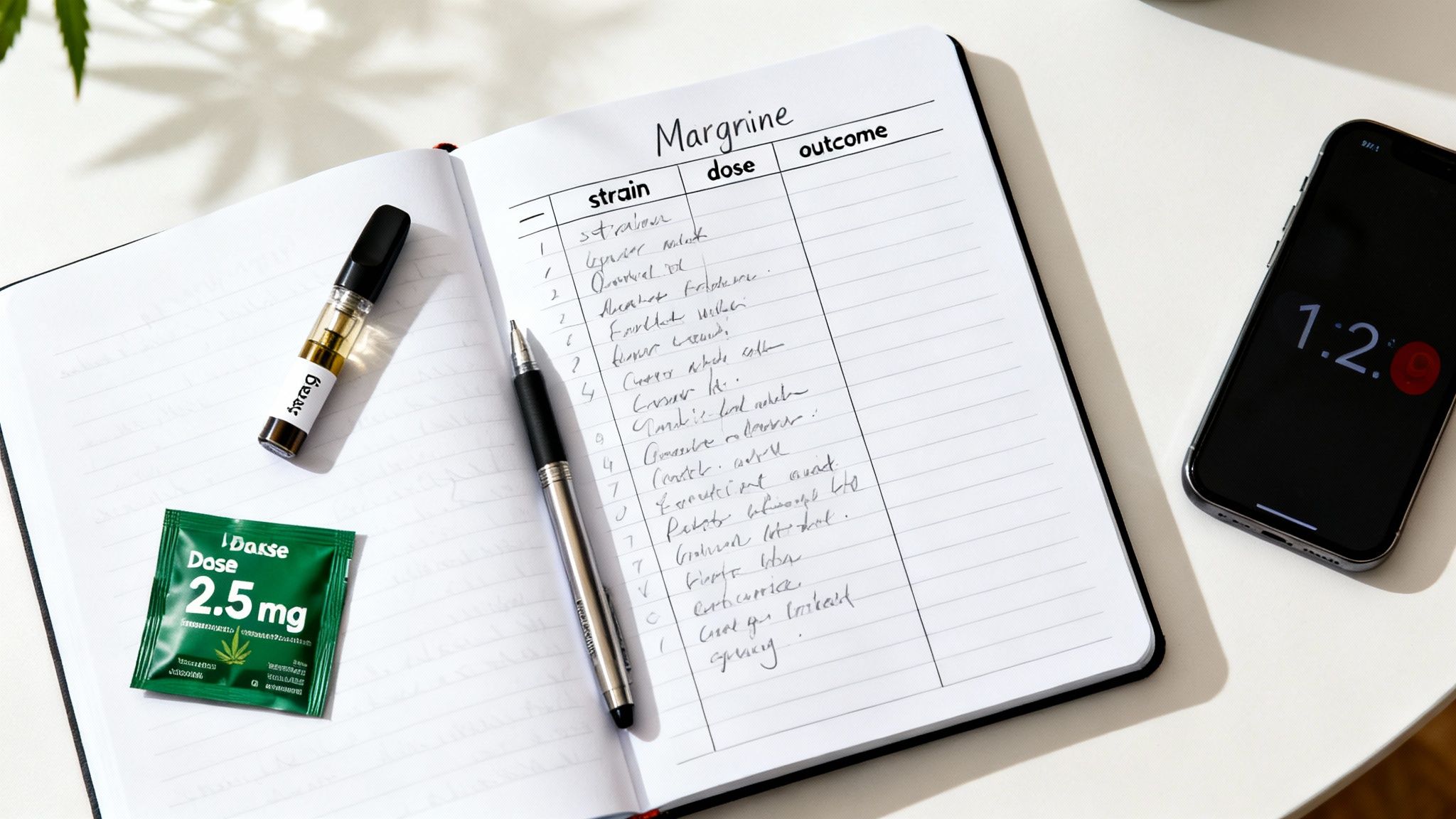 A notebook open to a cannabis strain and dose tracking journal with a vape pen, dose packet, and phone timer.