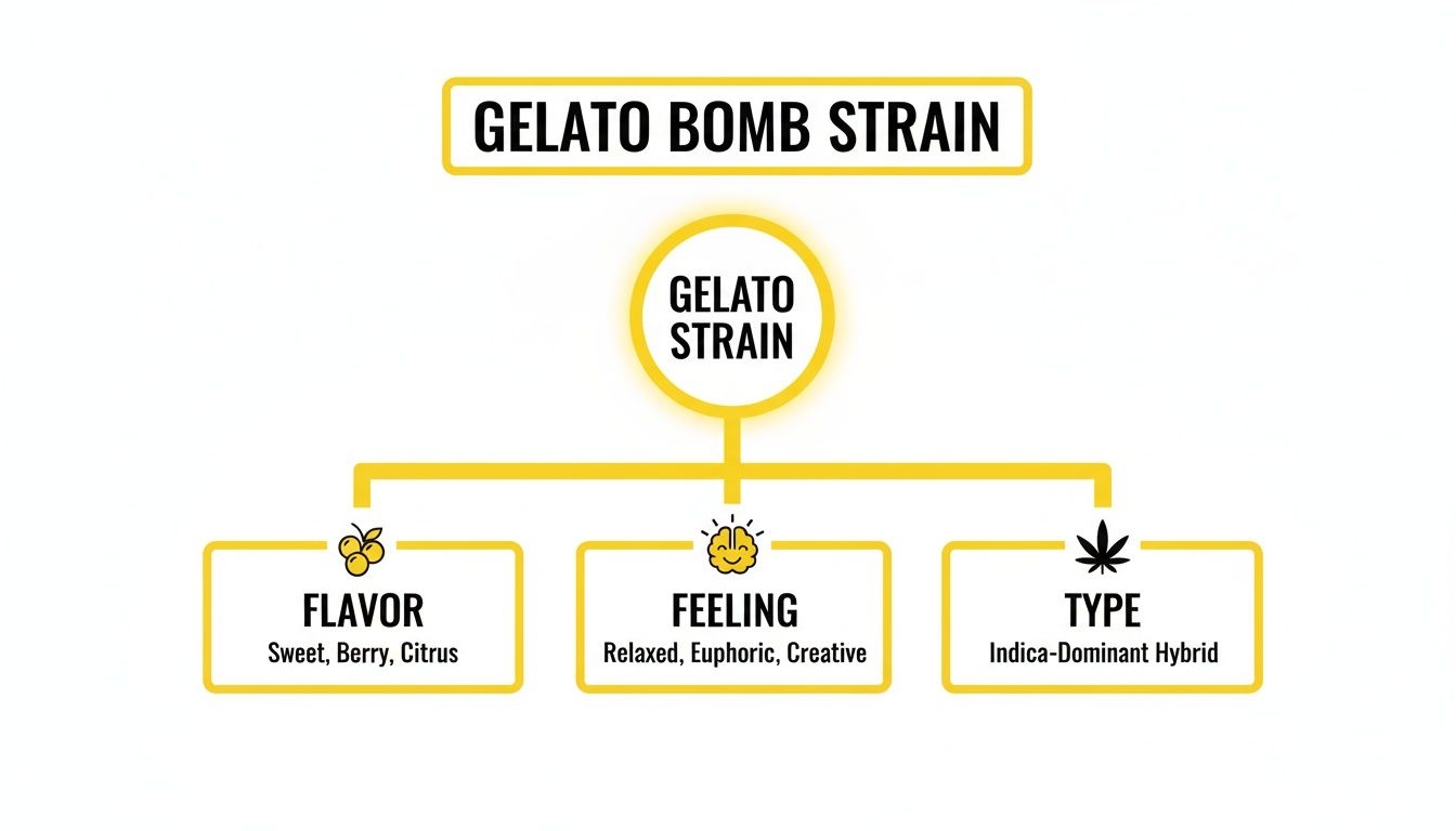 Diagram outlining Gelato Bomb cannabis strain flavor, feeling, and Indica-Dominant Hybrid type.