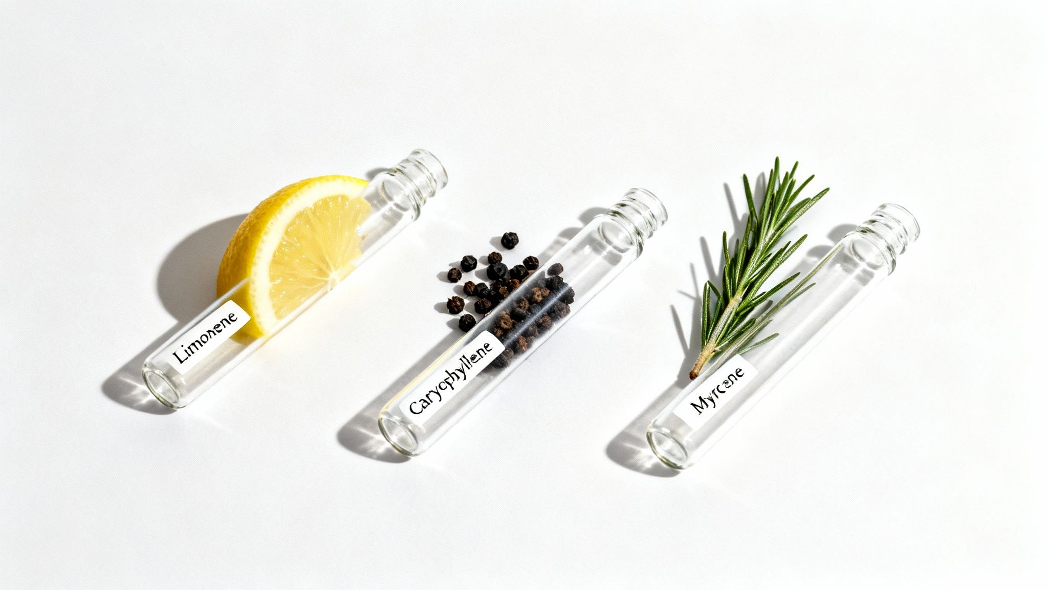 Three test tubes with lemon, peppercorns, and rosemary, labeled Limonene, Caryophyllene, and Myrcene.