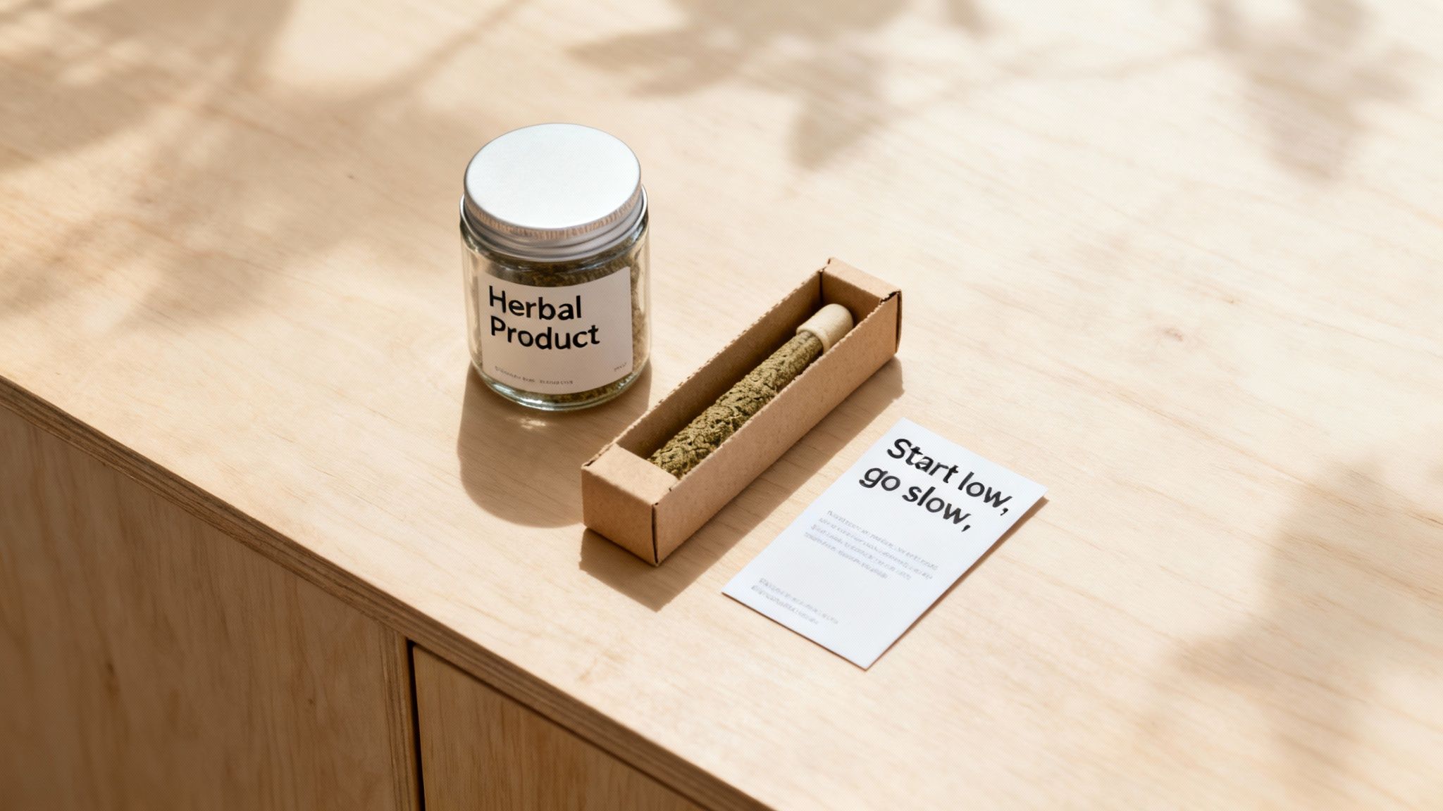 Herbal product in a glass jar, a pre-roll in a box, and a 'Start low, go slow' card on wood.