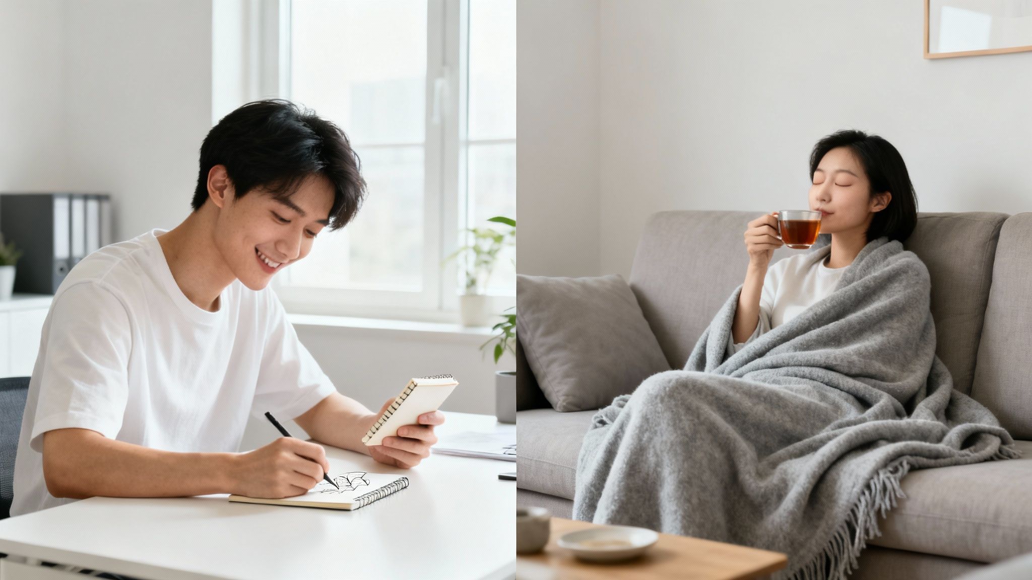 A smiling man draws at a desk, while a woman relaxes on a sofa with tea.