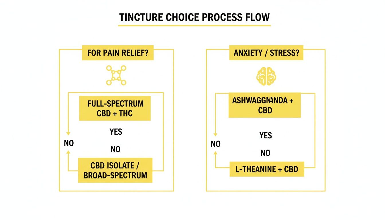 Flowchart guiding tincture choices for pain relief using CBD+THC or isolate, and anxiety with Ashwagandha or L-Theanine.
