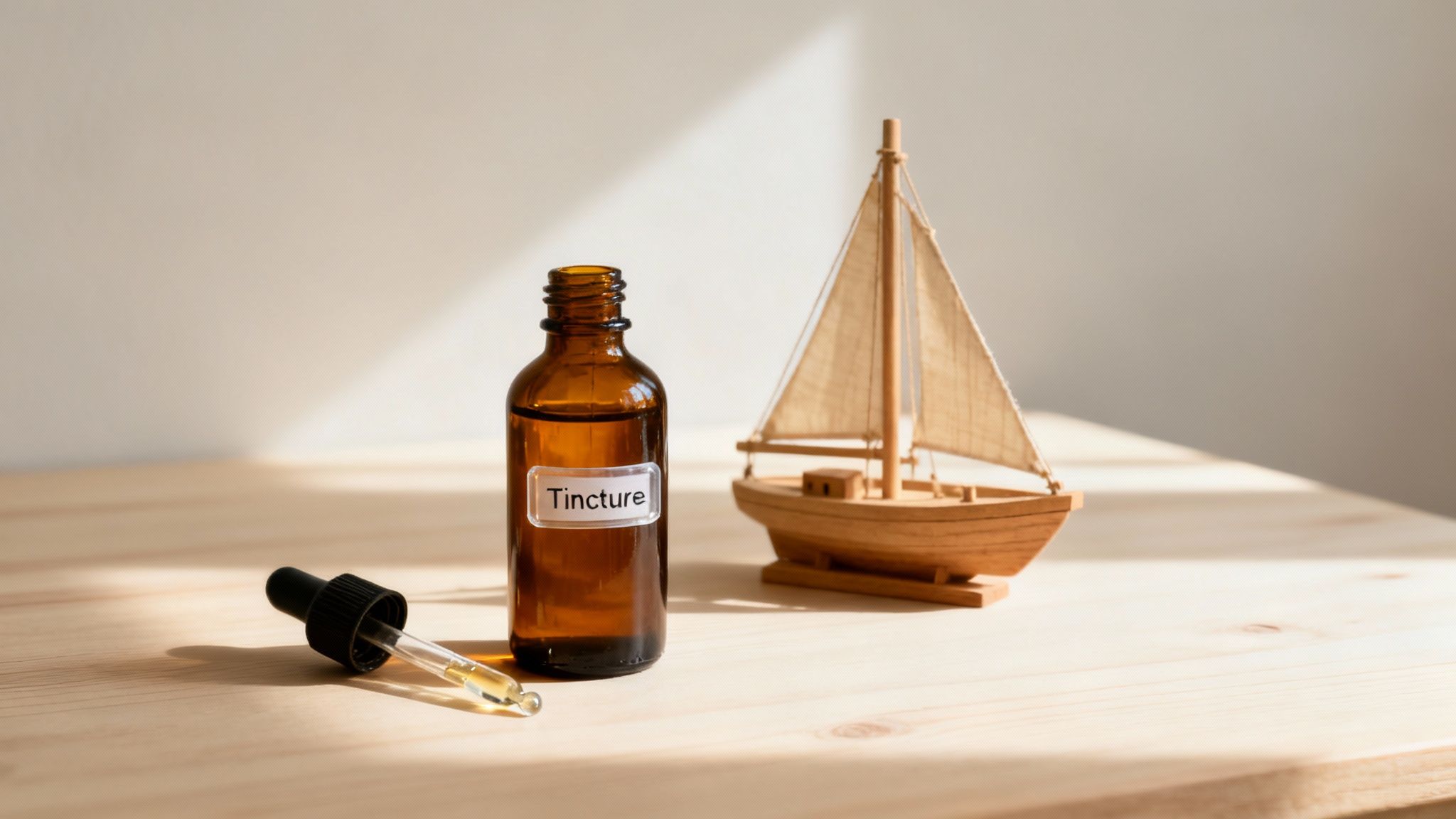 An amber glass bottle labeled 'Tincture' with a dropper and a wooden sailboat on a sunlit table.