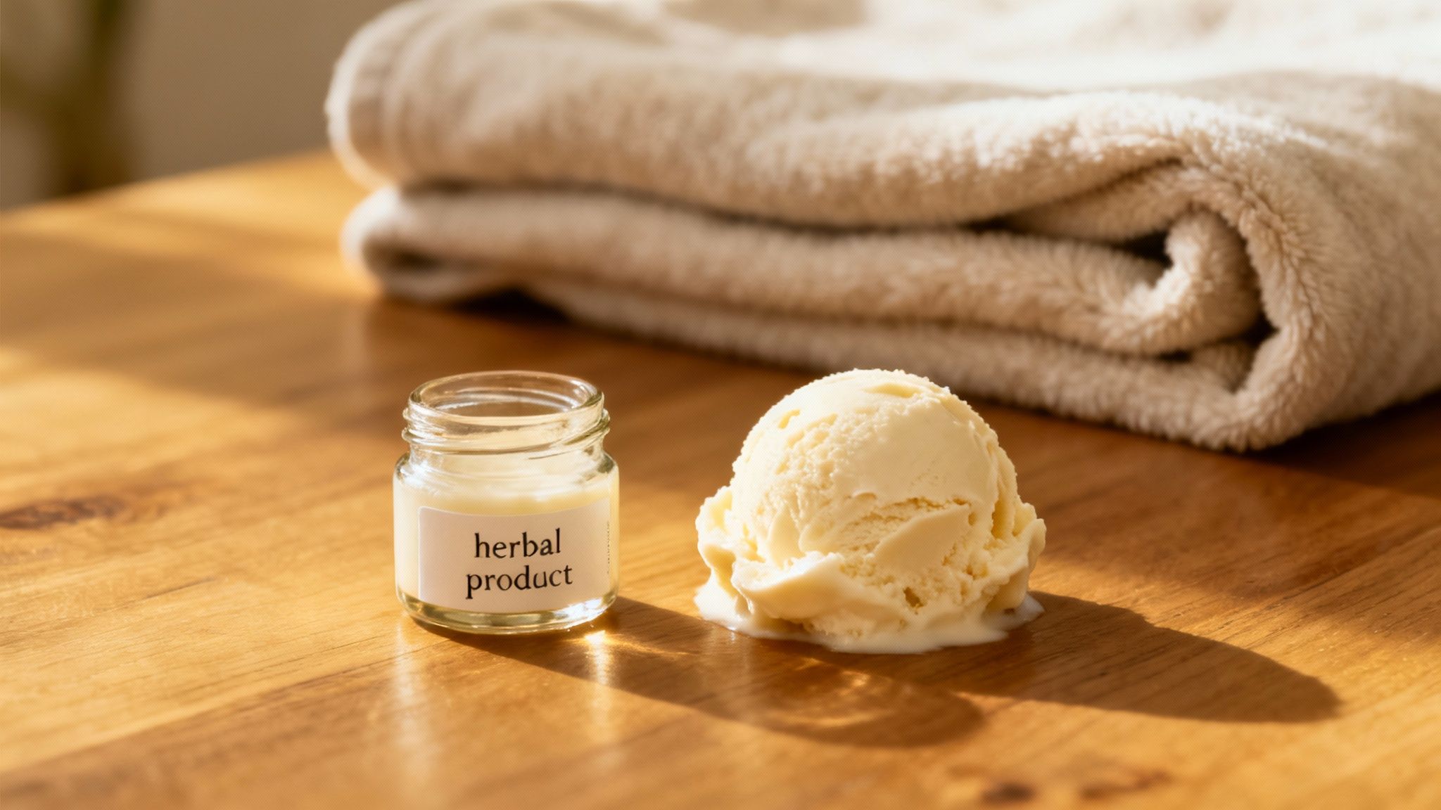 A small jar labeled 'herbal product' next to a melting scoop of vanilla ice cream and soft towels.