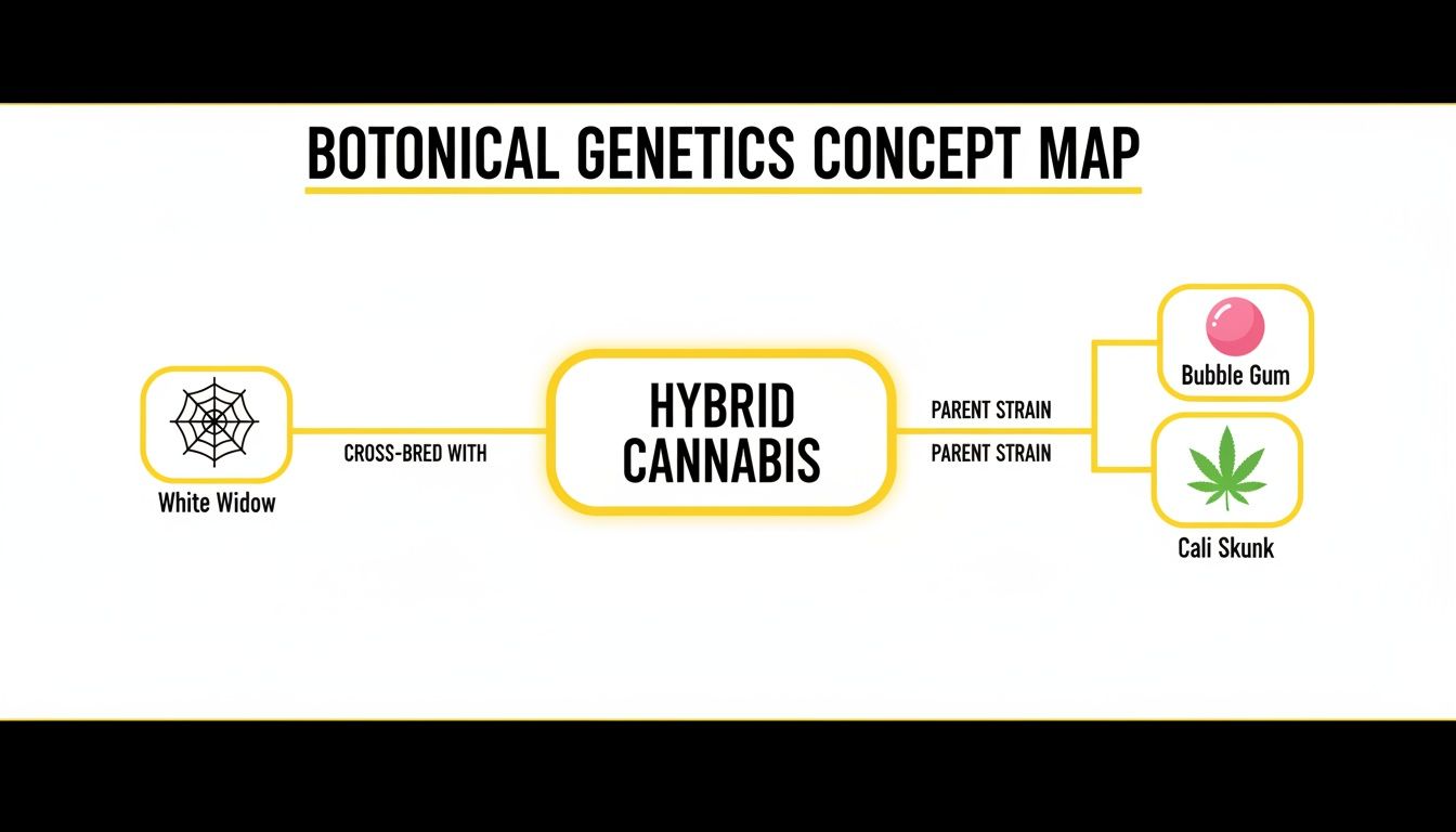 Botanical genetics concept map showing hybrid cannabis parent strains: White Widow, Bubble Gum, and Cali Skunk.