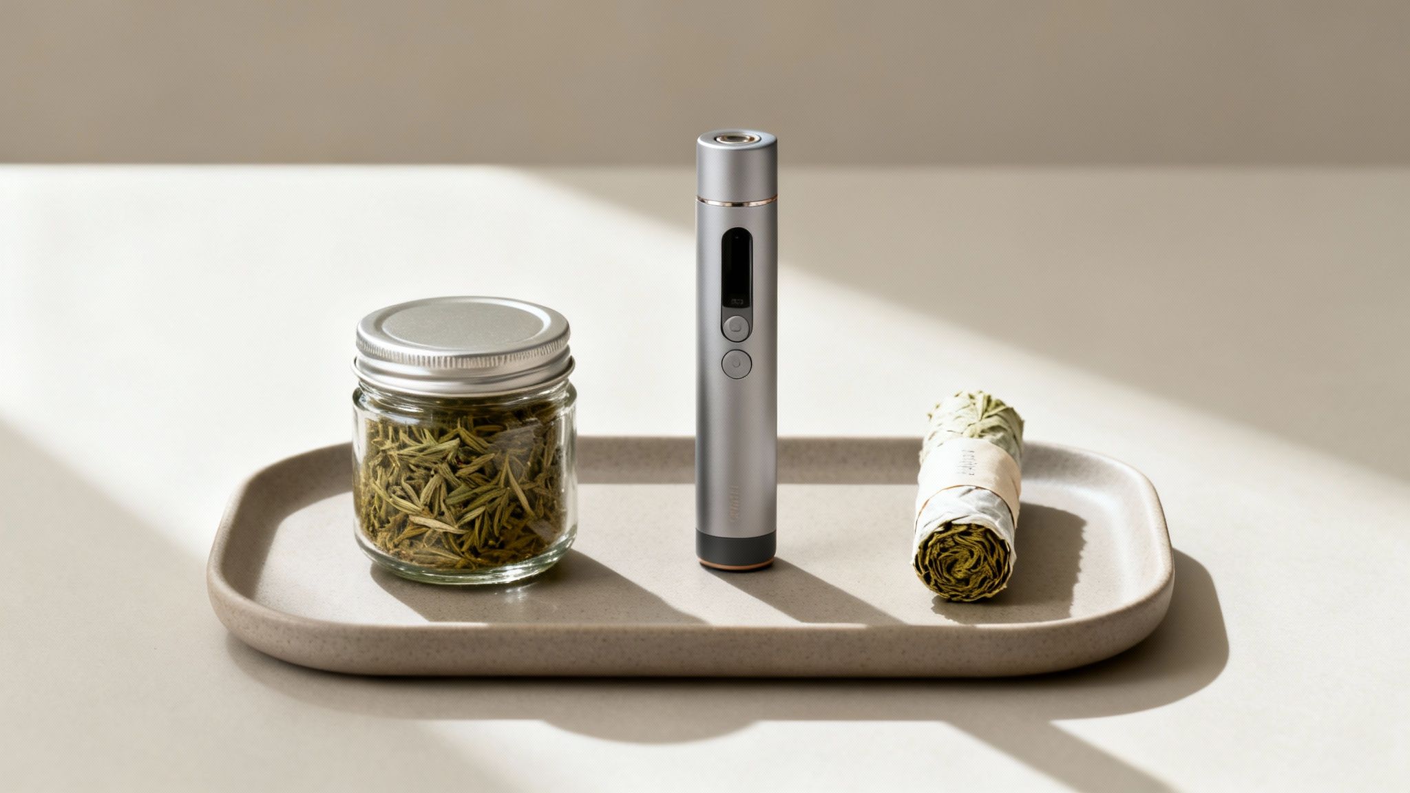 A beige tray holds a glass jar of dried herbs, a silver vaporizer, and a sage smudge stick.
