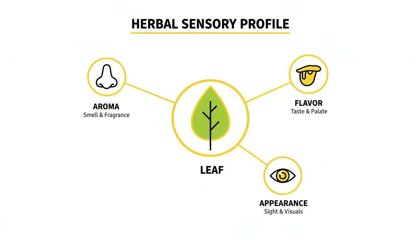 Infographic illustrating the herbal sensory profile, connecting a leaf to aroma, flavor, and appearance.