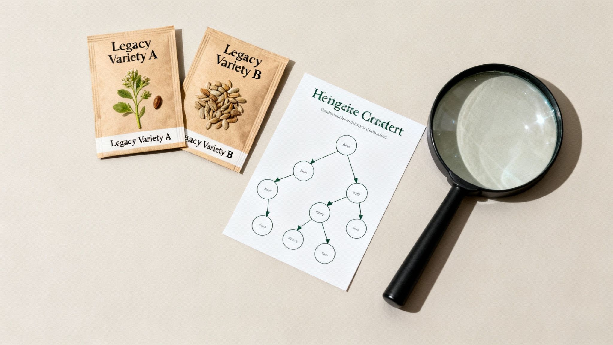Overhead view of two seed packets, a genetic tree diagram, and a magnifying glass for scientific study.