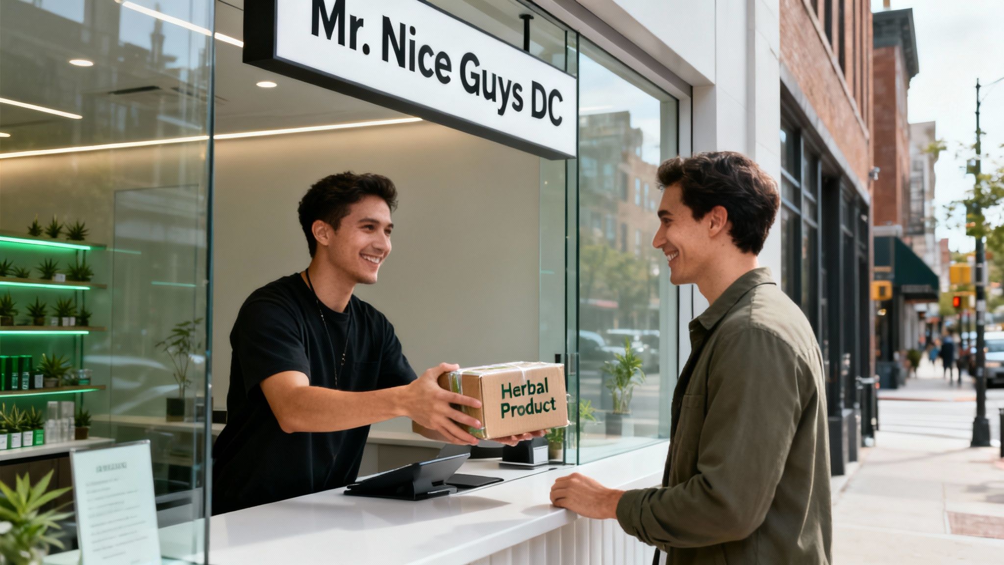 Young man handing an "Herbal Product" package to a smiling customer at a store.