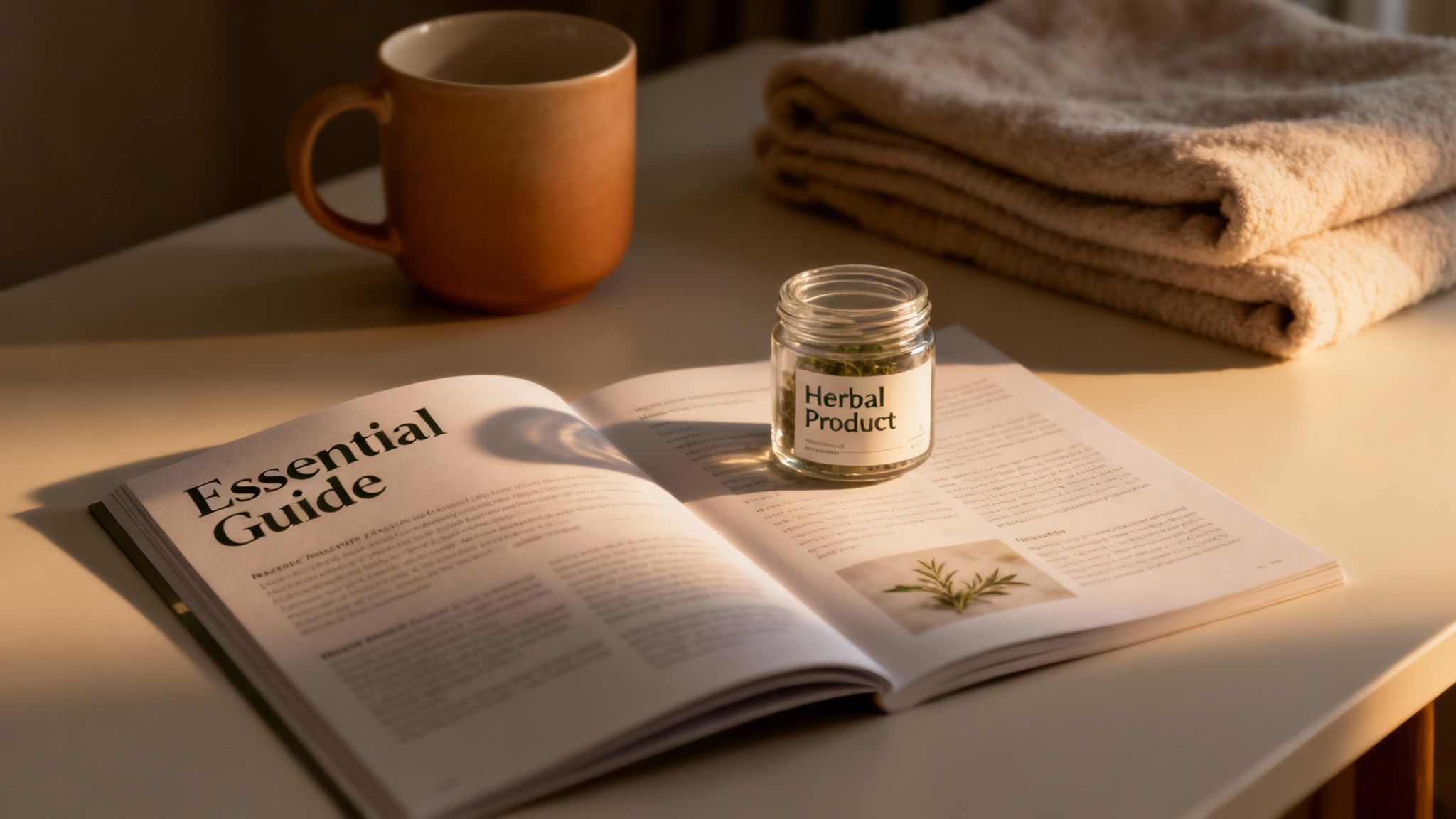 An open 'Essential Guide' magazine with a 'Herbal Product' jar, a mug, and towels on a table.