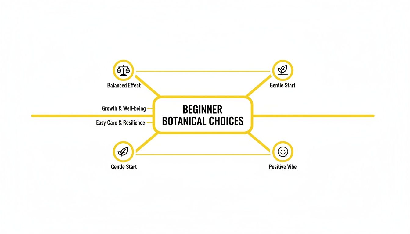 Mind map detailing beginner botanical choices, covering balanced effects, gentle starts, positive vibes, growth, well-being, and easy care.