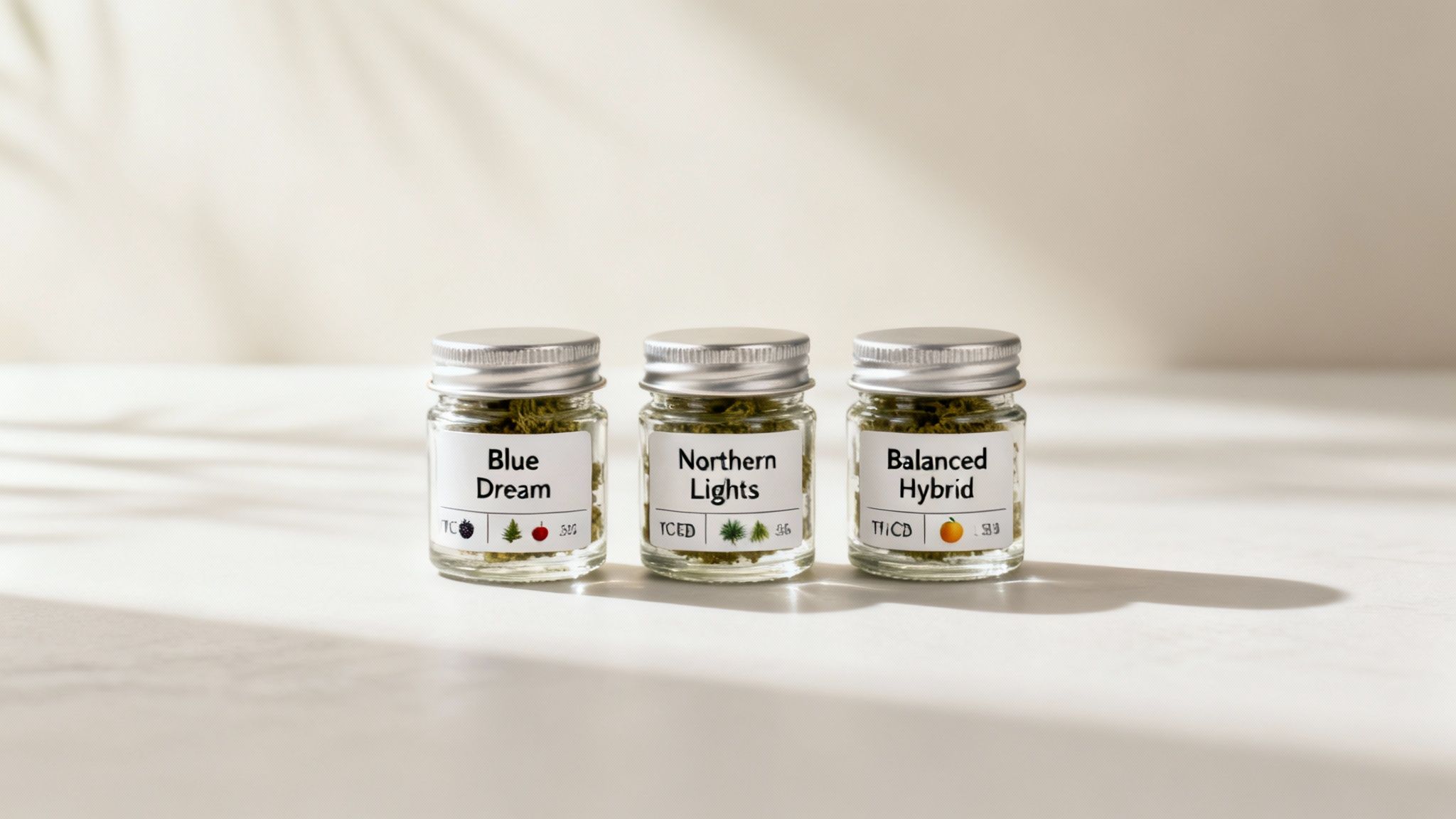 Three labeled glass jars containing different cannabis strains: Blue Dream, Northern Lights, and Balanced Hybrid.