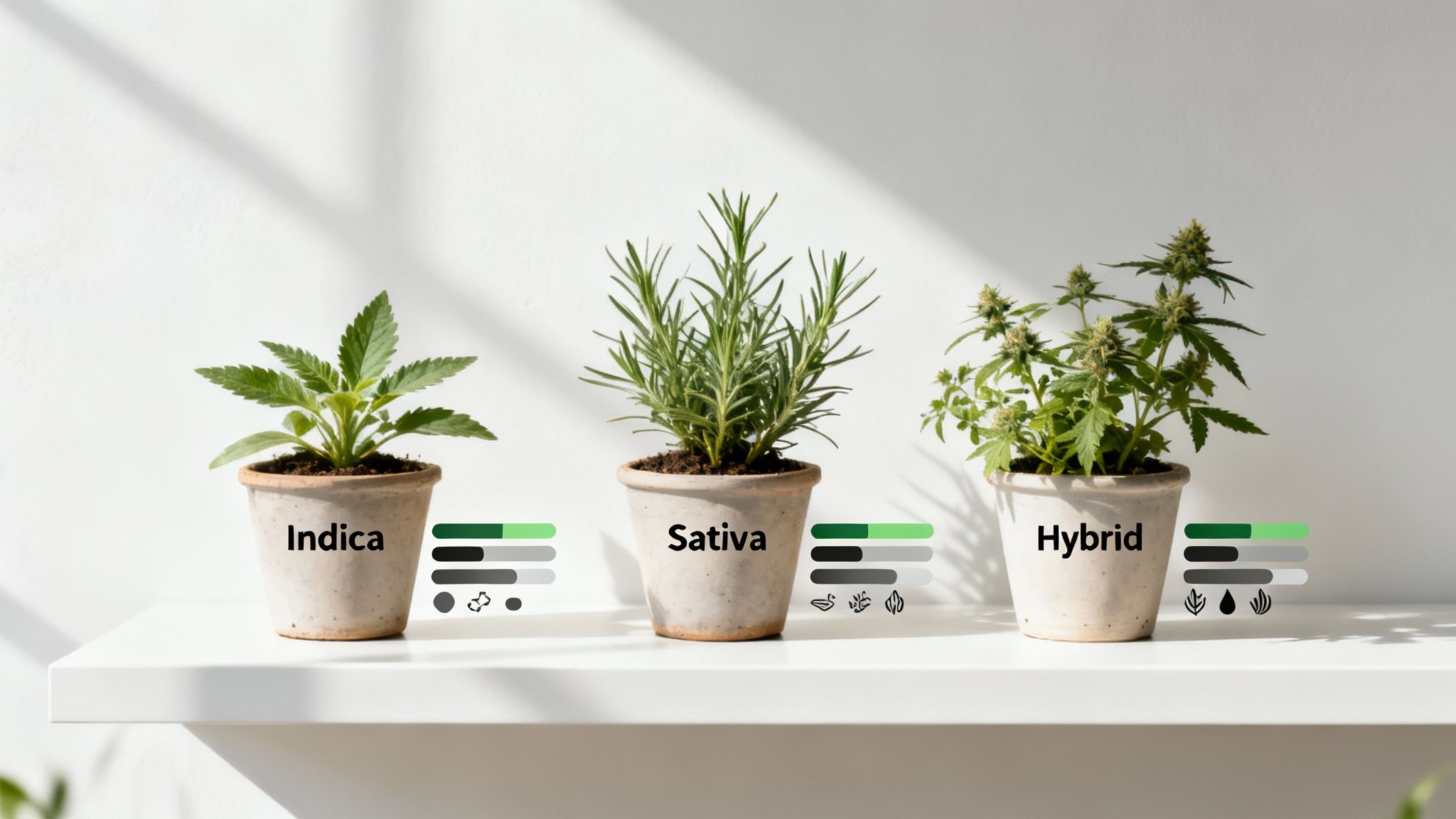 Three potted cannabis plants, Indica, Sativa, and Hybrid, on a white shelf with characteristic infographics.