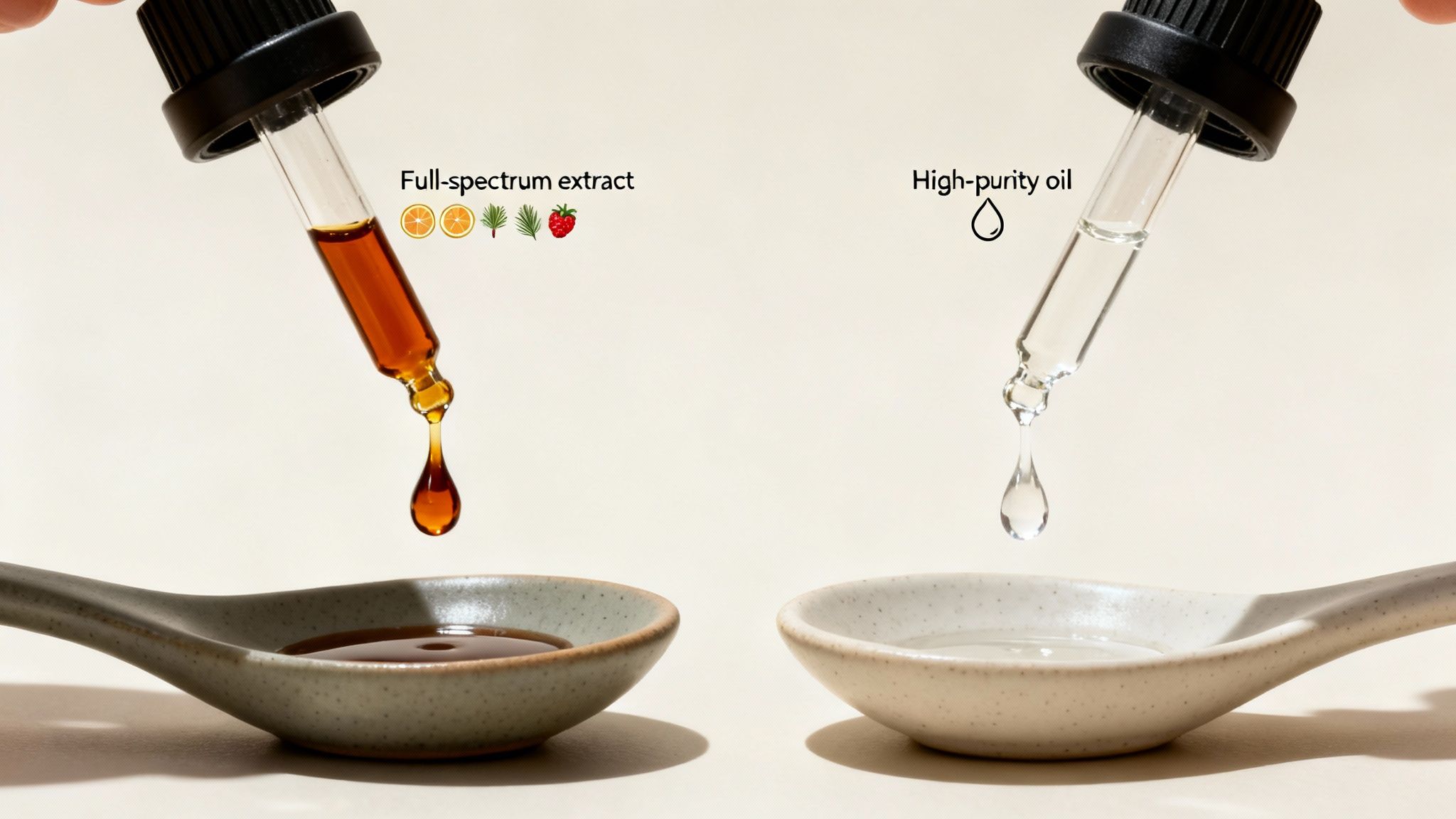 Two droppers dispensing full-spectrum extract (amber) and high-purity oil (clear) into spoons.