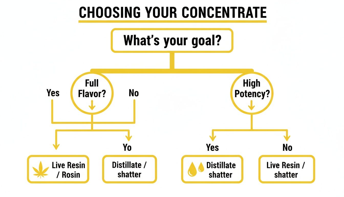 A flowchart guides users in choosing cannabis concentrates based on preferences like full flavor or high potency.