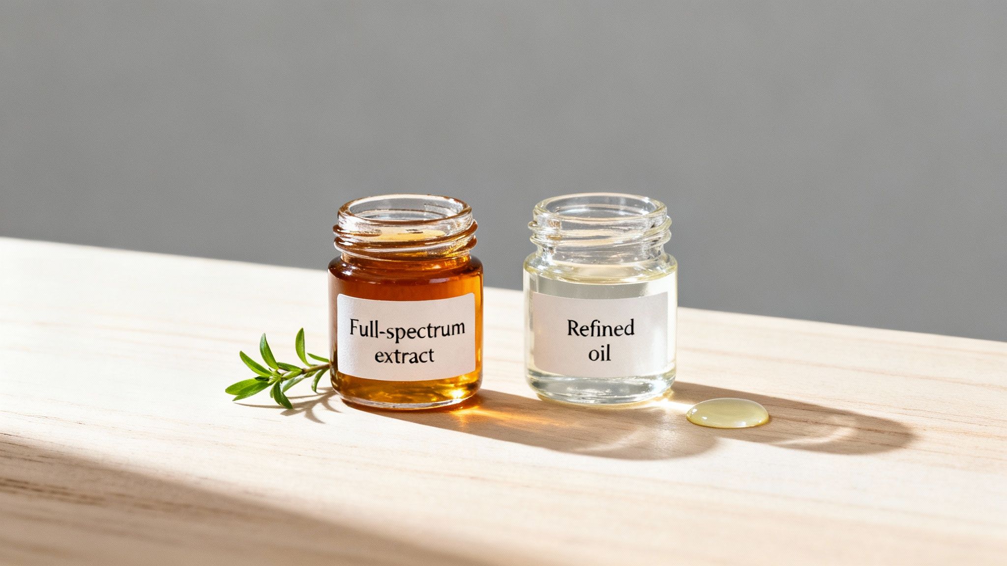 Two jars showing dark full-spectrum extract and light refined oil with a plant sprig.
