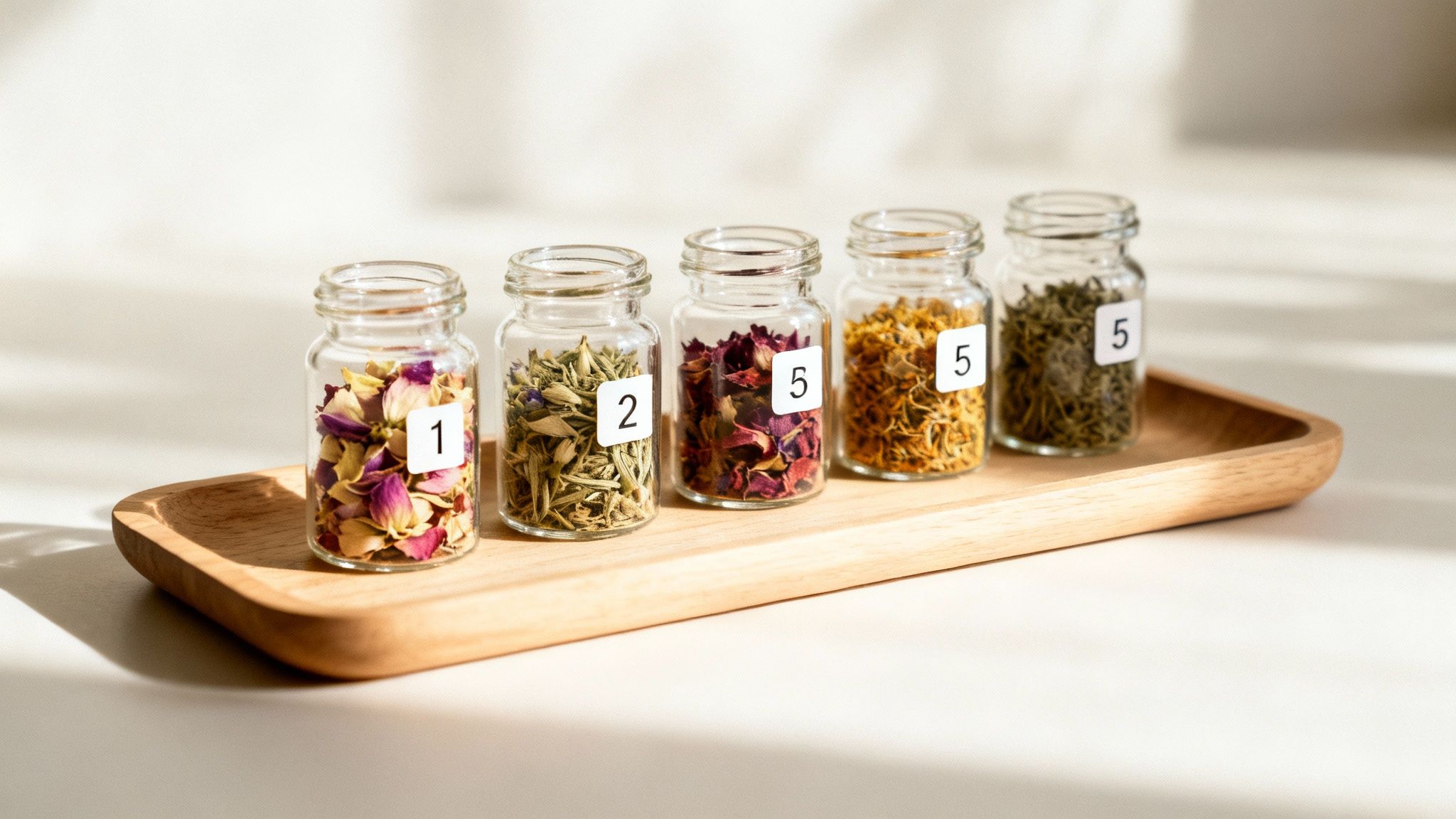 Five small glass jars filled with various dried herbs and flowers on a wooden tray.