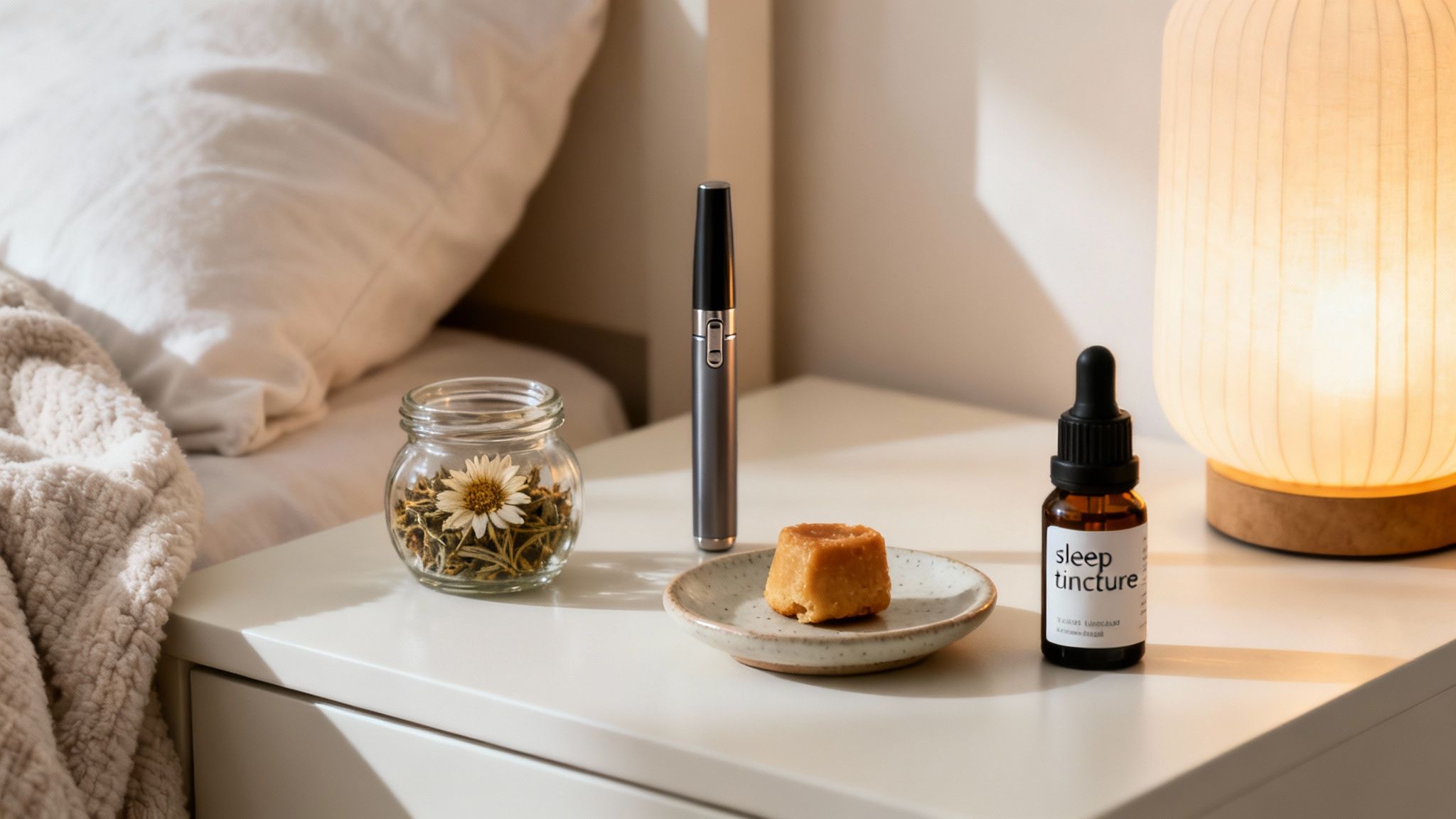 A bedside table with sleep tincture, dried flowers, a vape pen, and a warm lamp for relaxation.