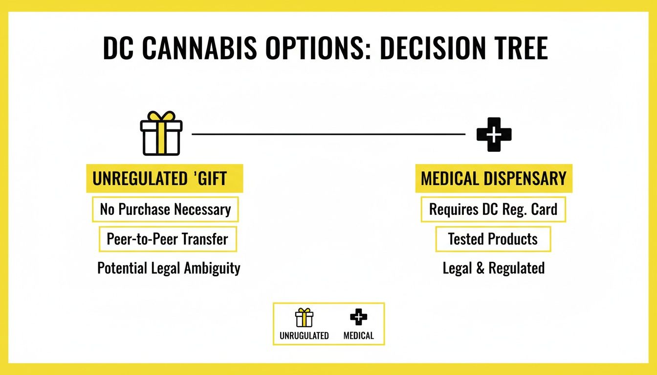 A decision tree illustrating DC cannabis options: Unregulated 'Gift' versus Medical Dispensary, detailing requirements and legal status.