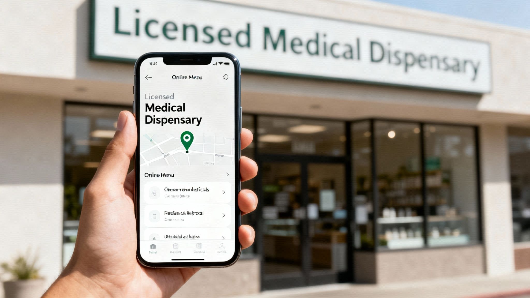 A person holds a smartphone displaying a medical dispensary app in front of a dispensary building.