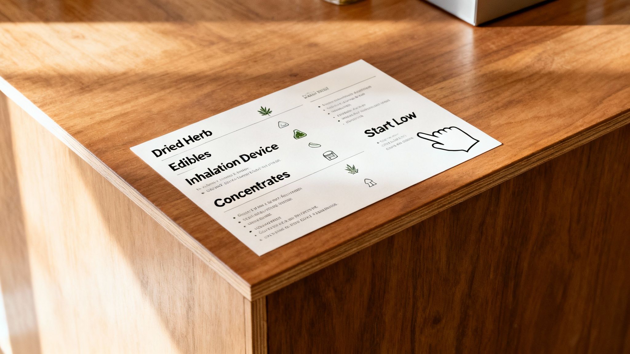 An informational guide on cannabis products and usage tips, including dried herb, edibles, and concentrates, on a wooden counter.