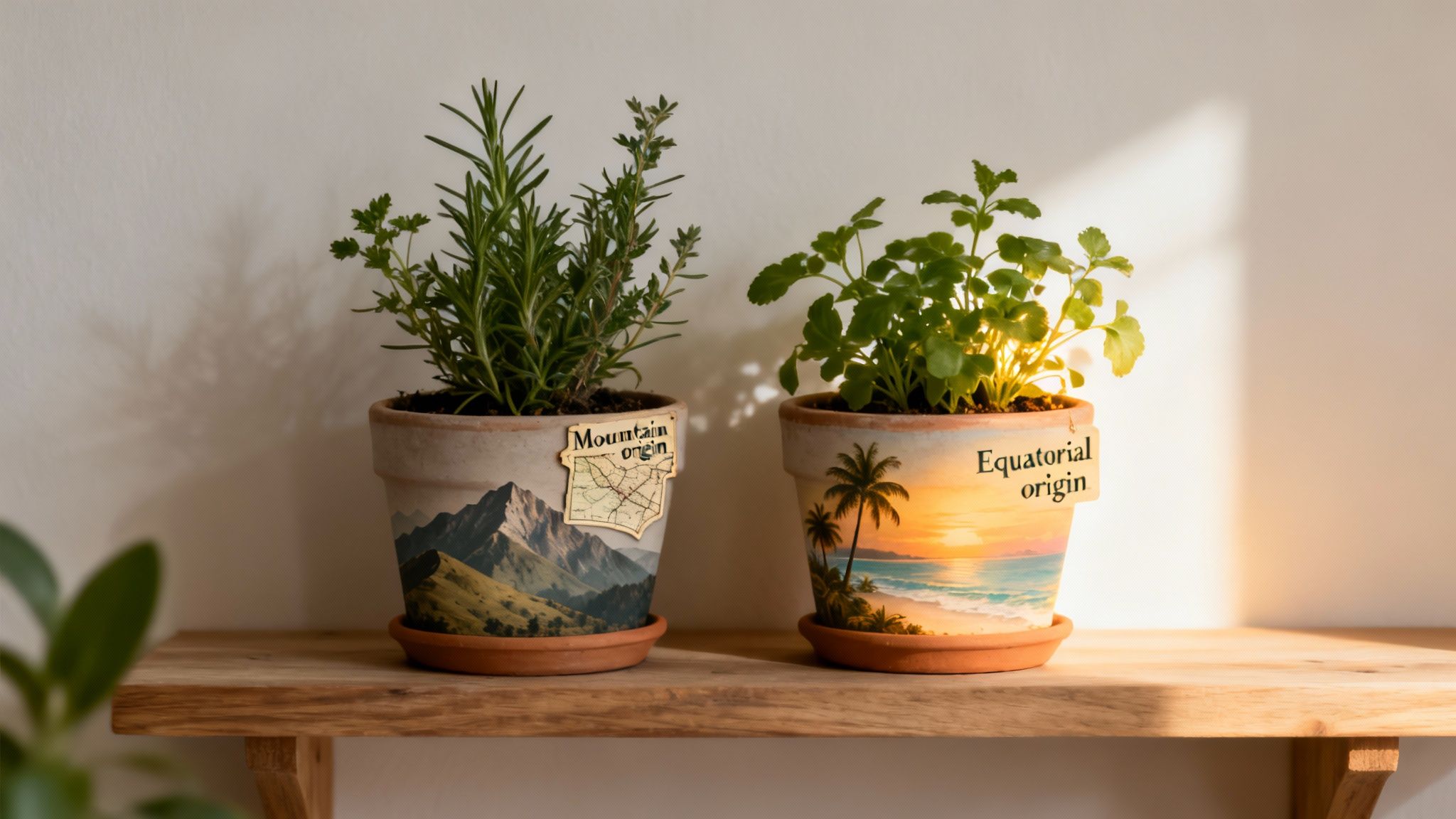 Two decorative plant pots with herbs on a wooden shelf, depicting mountain and equatorial scenes.