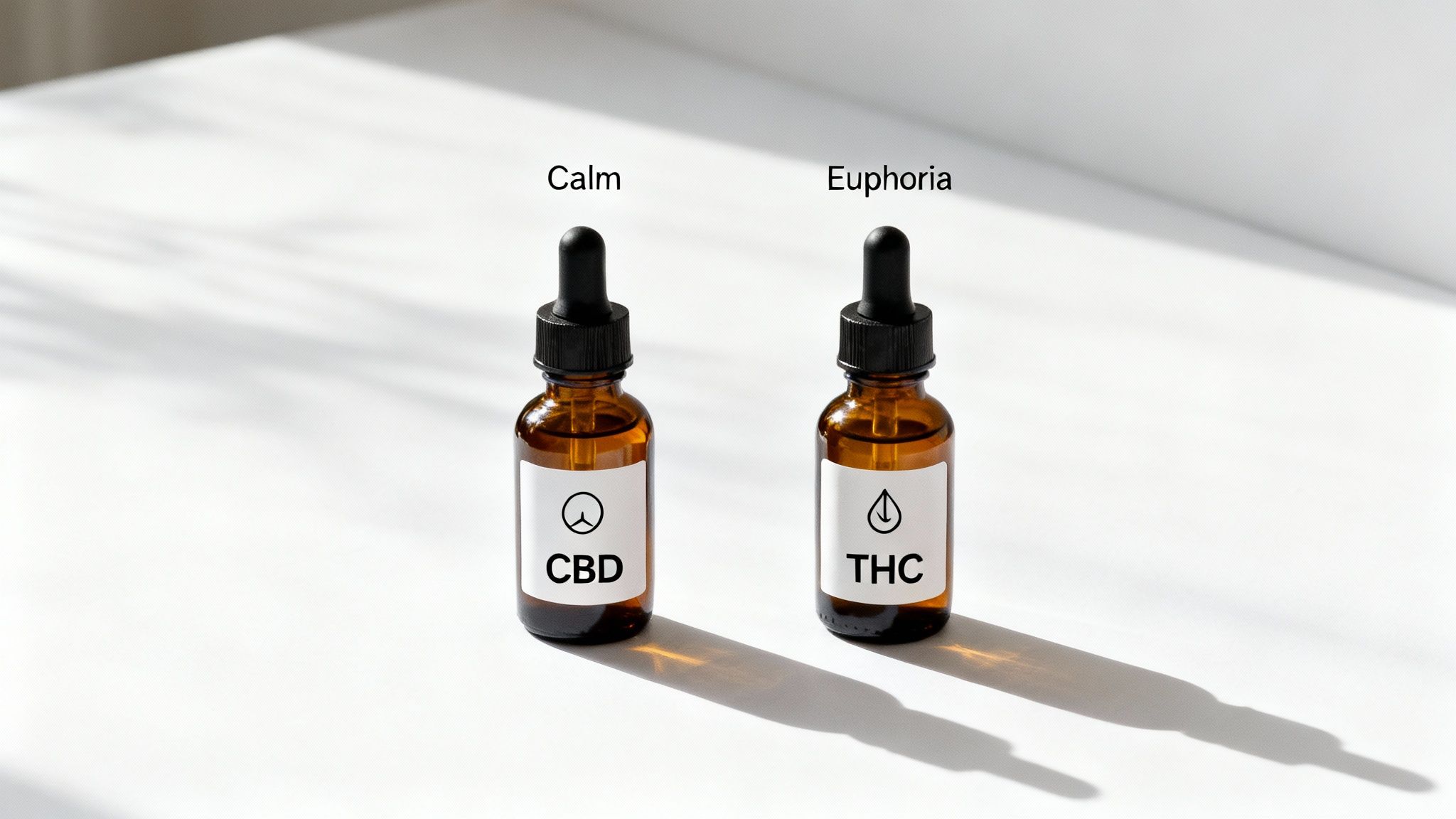 Two amber dropper bottles side-by-side: one labeled CBD for Calm, the other THC for Euphoria.