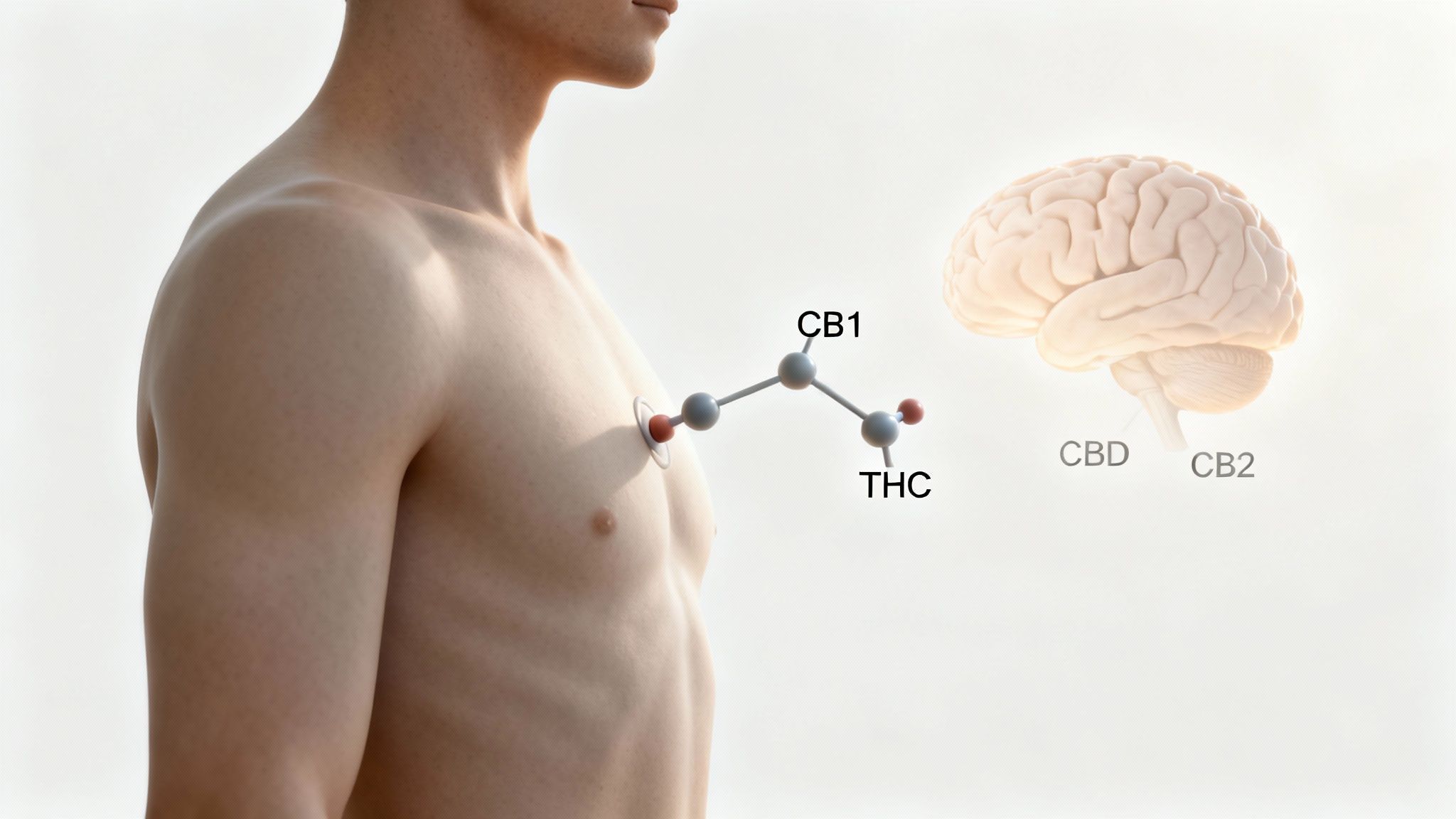 Illustration of THC and CB1 molecules interacting with a human body, alongside a brain with CBD and CB2.