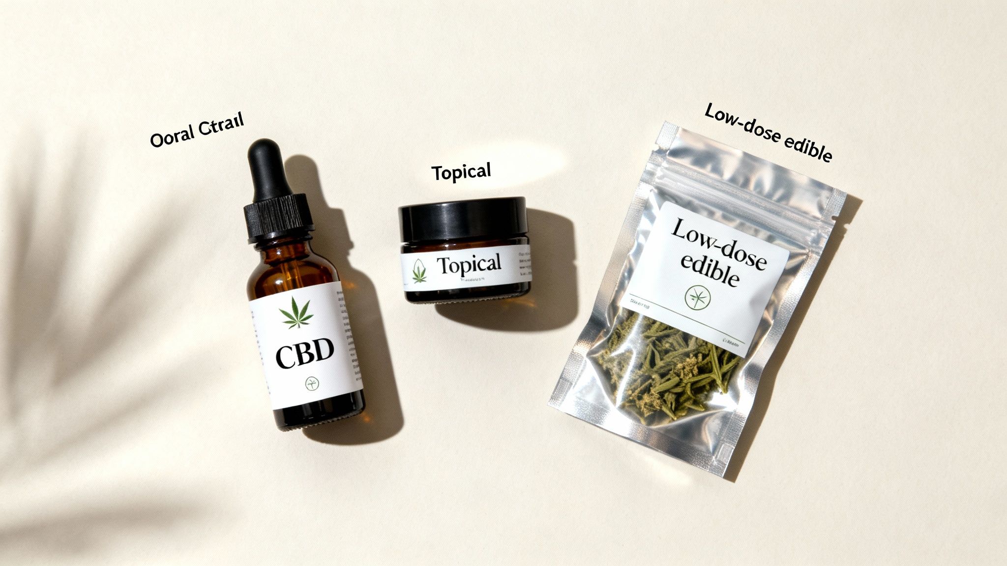 Three different CBD products: an oral tincture, topical cream, and low-dose edible.