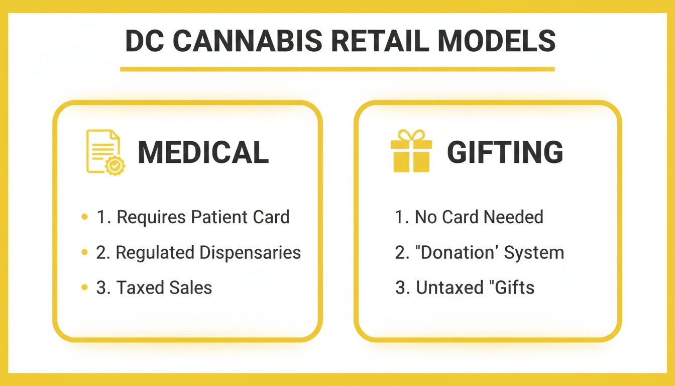 Infographic comparing DC cannabis retail models: Medical requiring patient cards, and Gifting with no card needed.