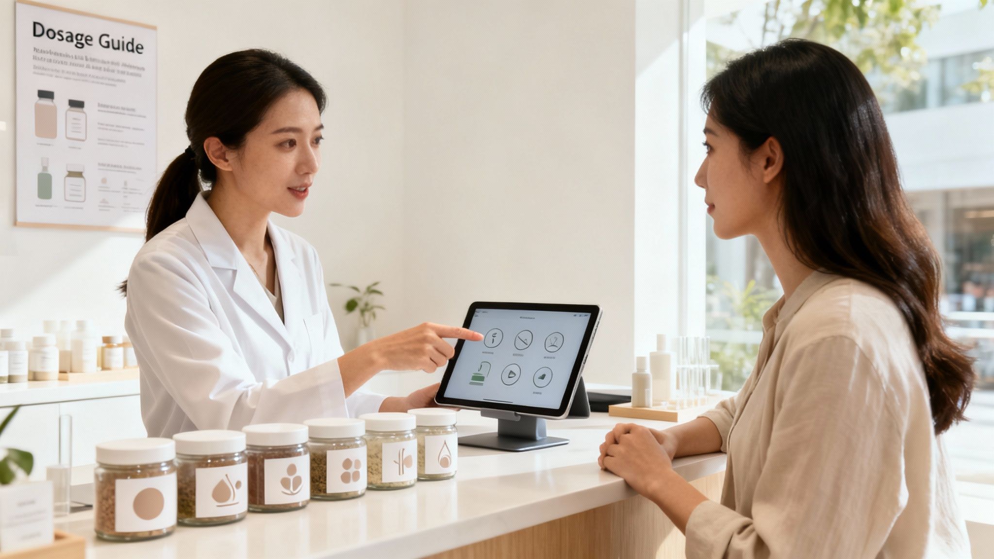 A pharmacist in a white coat explains health product options to a customer on a digital tablet.