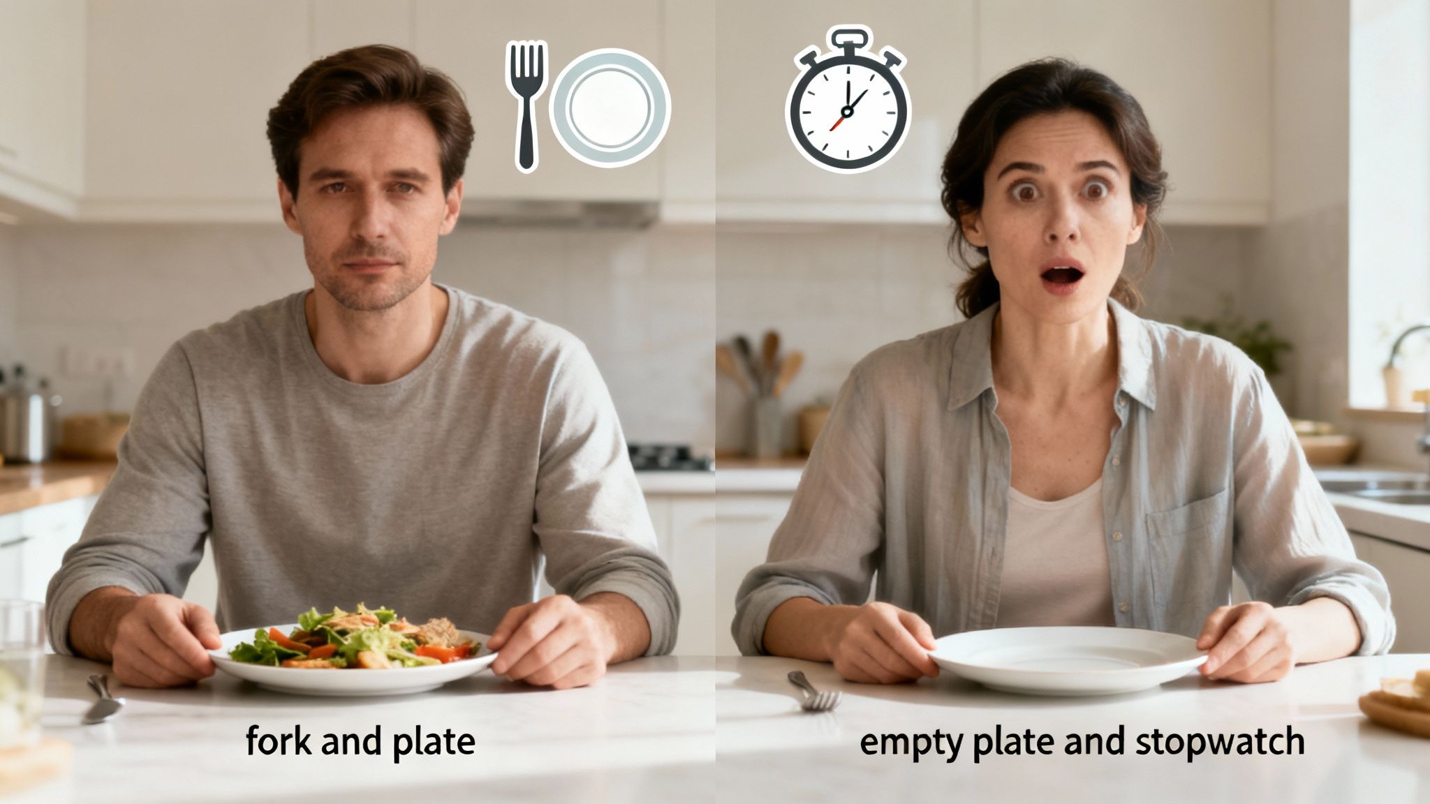 A man with a full plate of food and a surprised woman with an empty plate and a stopwatch icon.