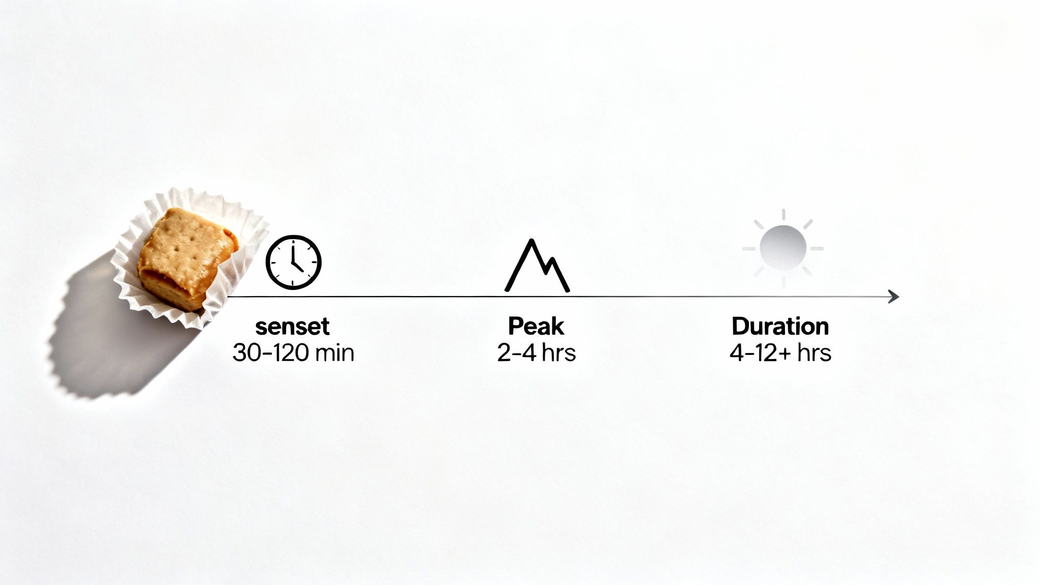 A timeline graphic with an edible cookie illustrating senset, peak, and duration times for its effects.