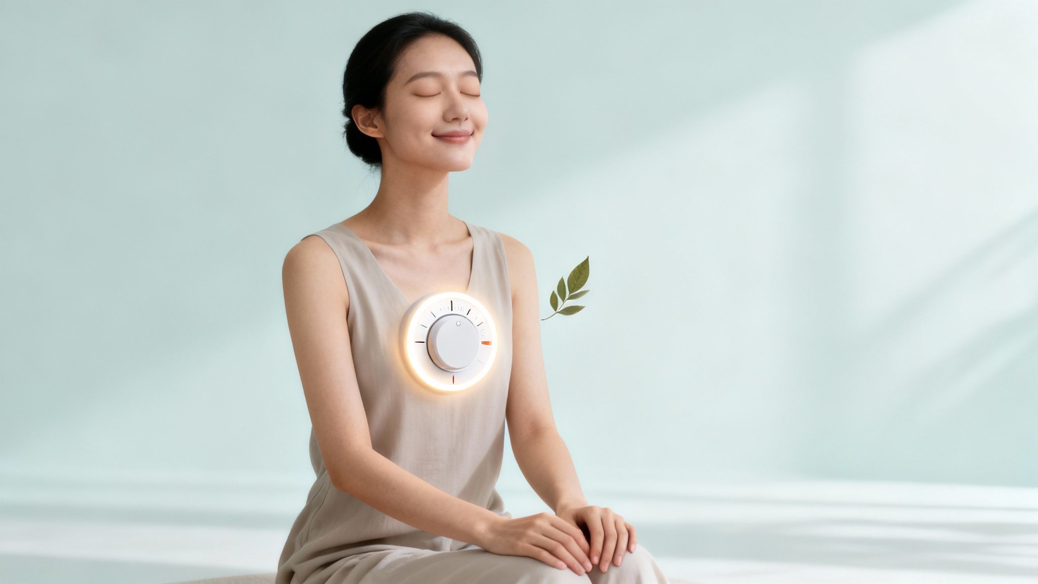 A serene woman meditating with a glowing control dial on her chest and a green leaf.