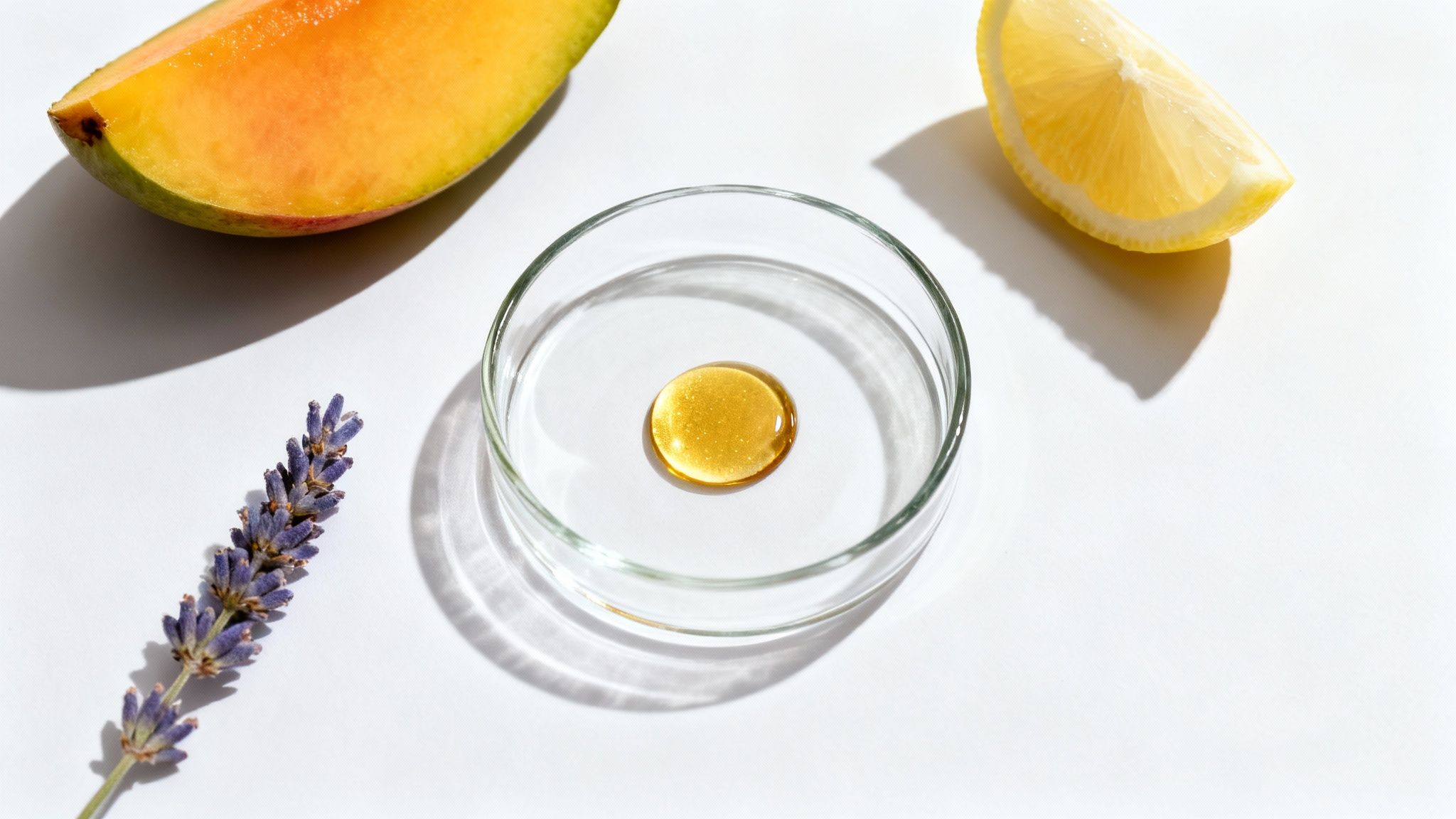 Petri dish with golden liquid, a slice of mango, lemon, and lavender on white background.