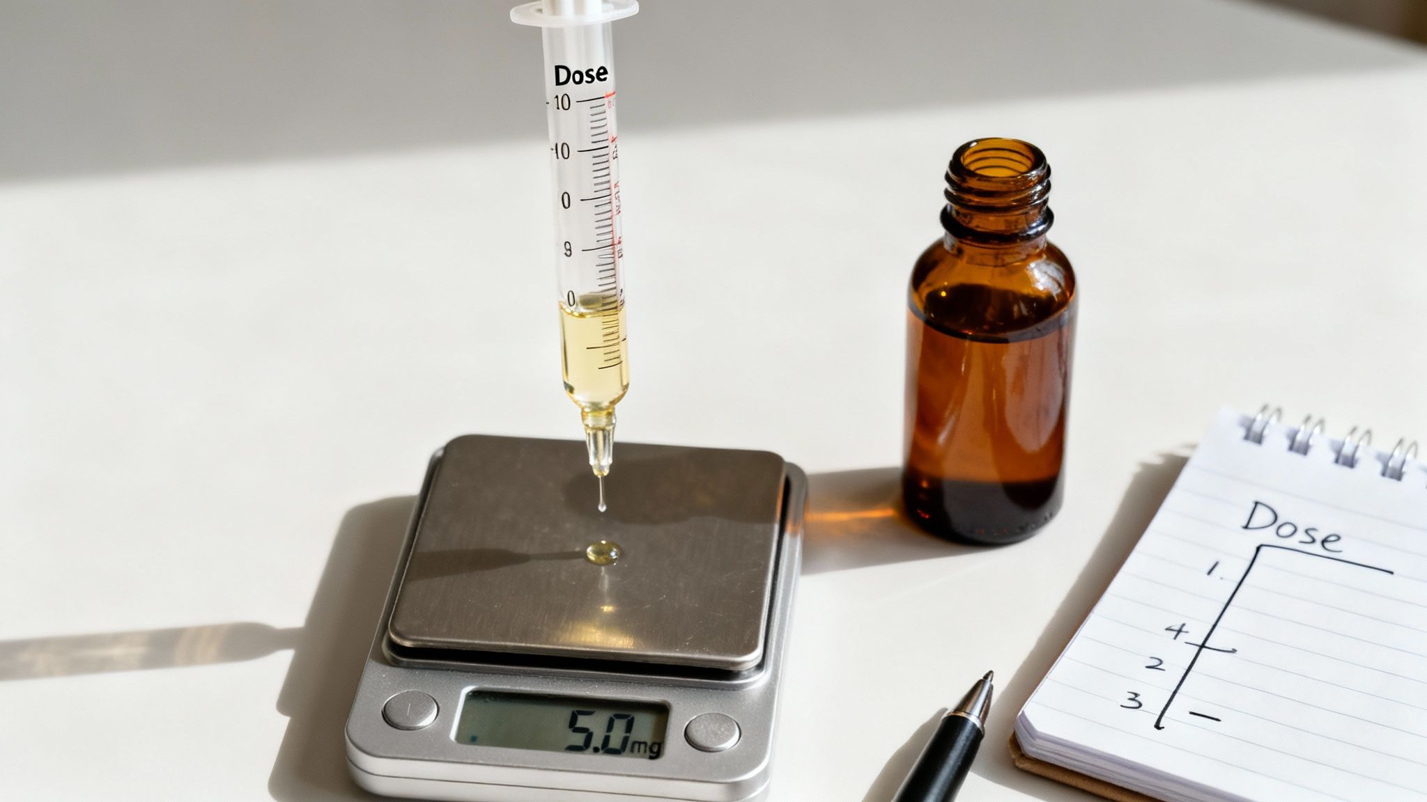 A syringe precisely dispenses liquid onto a digital scale reading 5.0mg, alongside a brown bottle and dose notepad.