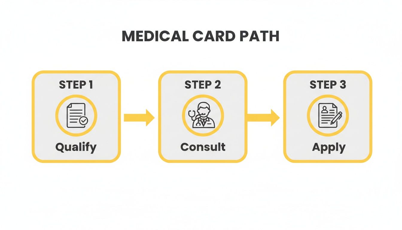 A three-step process diagram showing how to get a medical card: Qualify, Consult, and Apply.