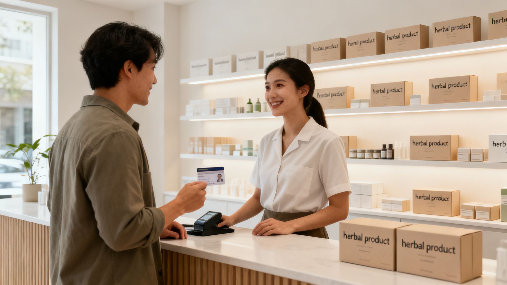 A man presents a medical card to a smiling female clerk in a modern wellness store.